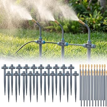 360  Automatic Irrigation System with Ground Spike for 6 mm Hoses Garden Drip Irrigation 20 Spray Heads + 20 T-Connectors for Raised Bed Lawn Greenhouse Patio Balcony Potted Plants
