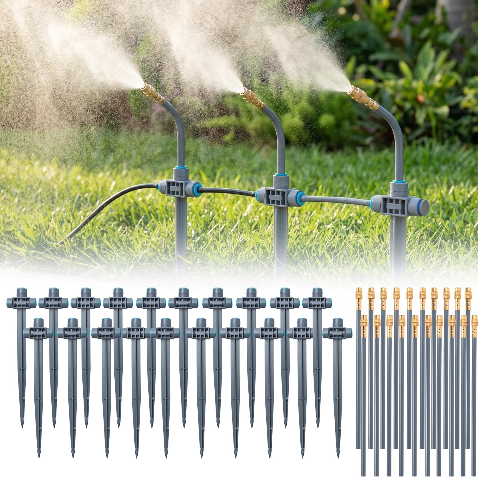 360° Automatische Bewässerungssystem mit Erdspieß für 6mm Schläuche, Garten Tropfbewässerung, 20 Sprühköpfe + 20 T-Steckverbinder für Hochbeet, Rasen, Gewächshaus, Terrasse, Balkontopfpflanzen