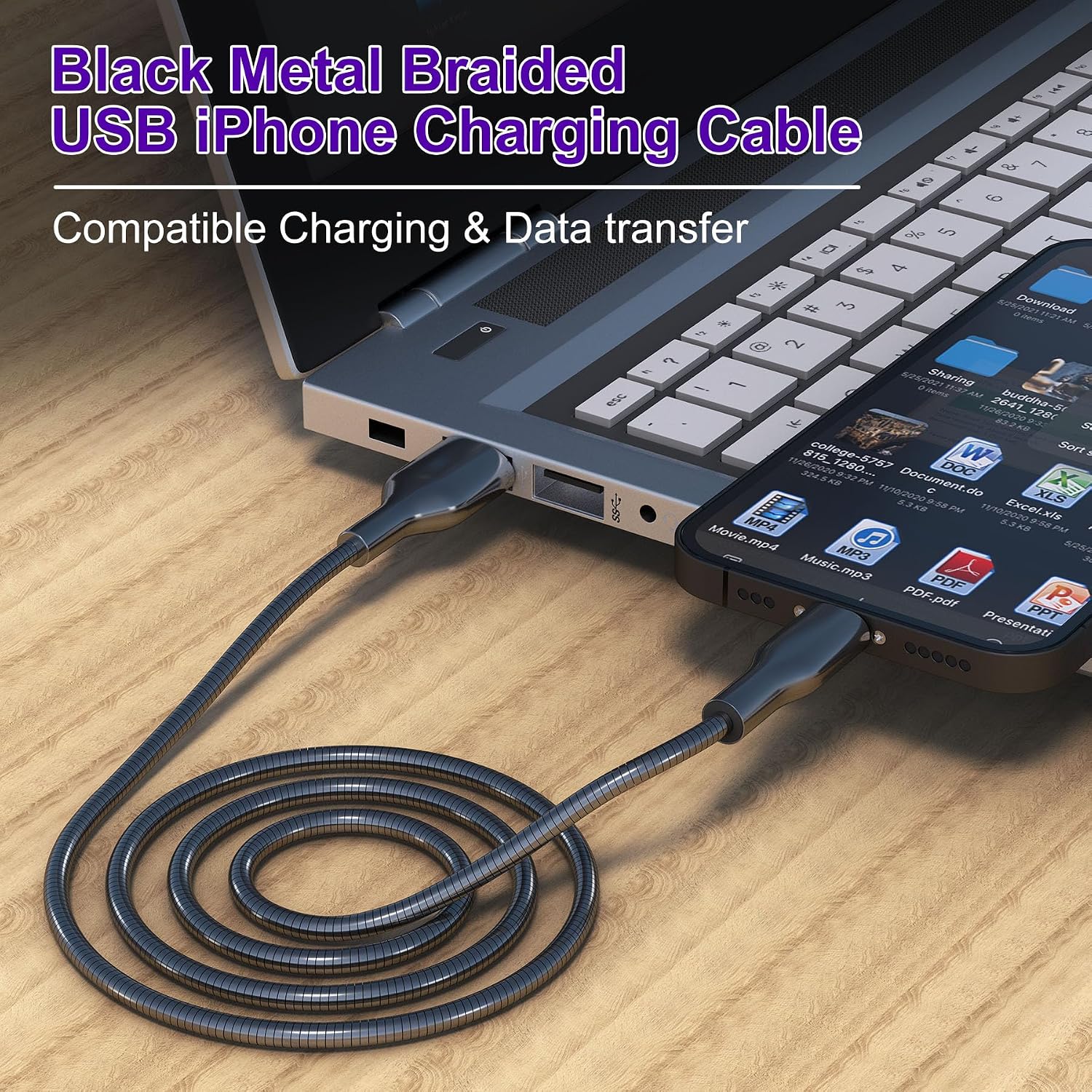 6FT Chew Proof Metal USB to Lightning iPhone Charger Cord, Cat Proof, Black