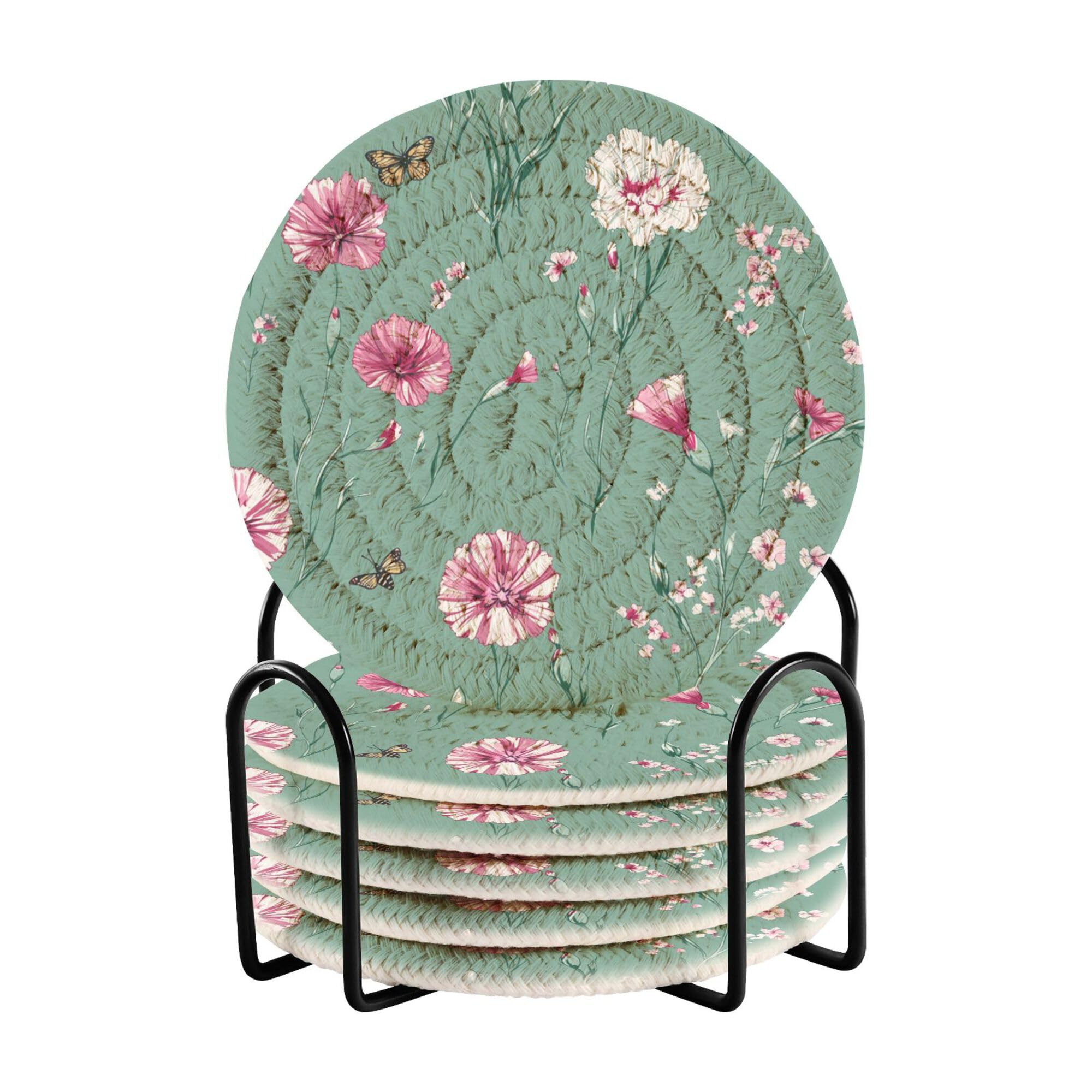 Smazdfxx Women's As Pic Cartoon Dianthus Sage Green Cotton Rope Drink Coasters Set Of 6 With Holder Coffee Table Coasters