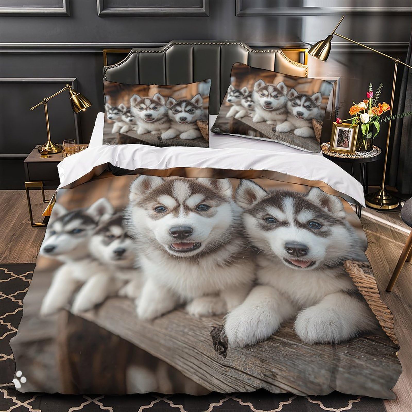 Housse de couette chiot sibérien single 135x200cm, cadeau ado idéal