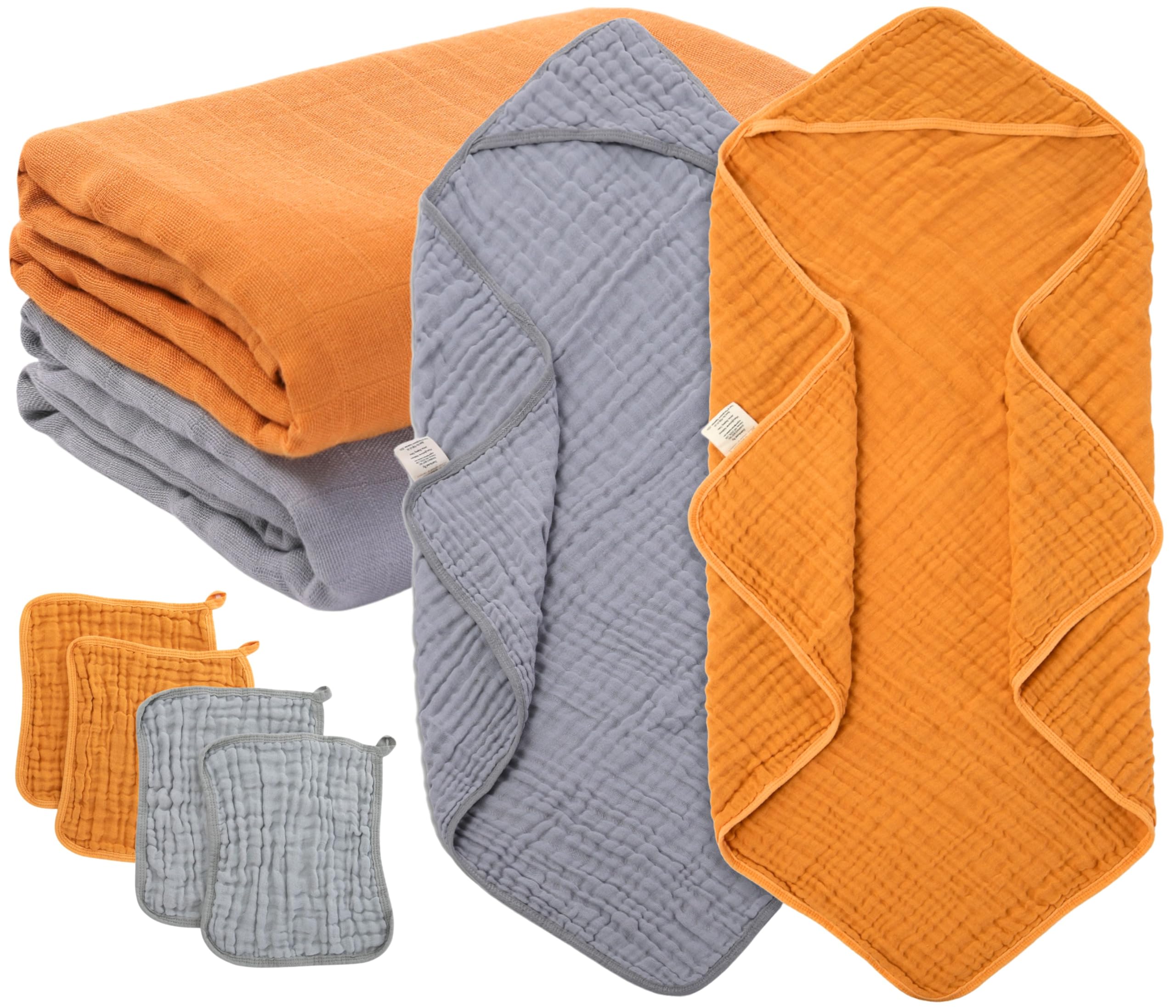 Tidy and Cozy Baby Essentials Set - Muslin Cotton and Viscose Derived from Bamboo - Hooded Bath Towels, Swaddle Blankets, Wash Cloths - Extra Soft &