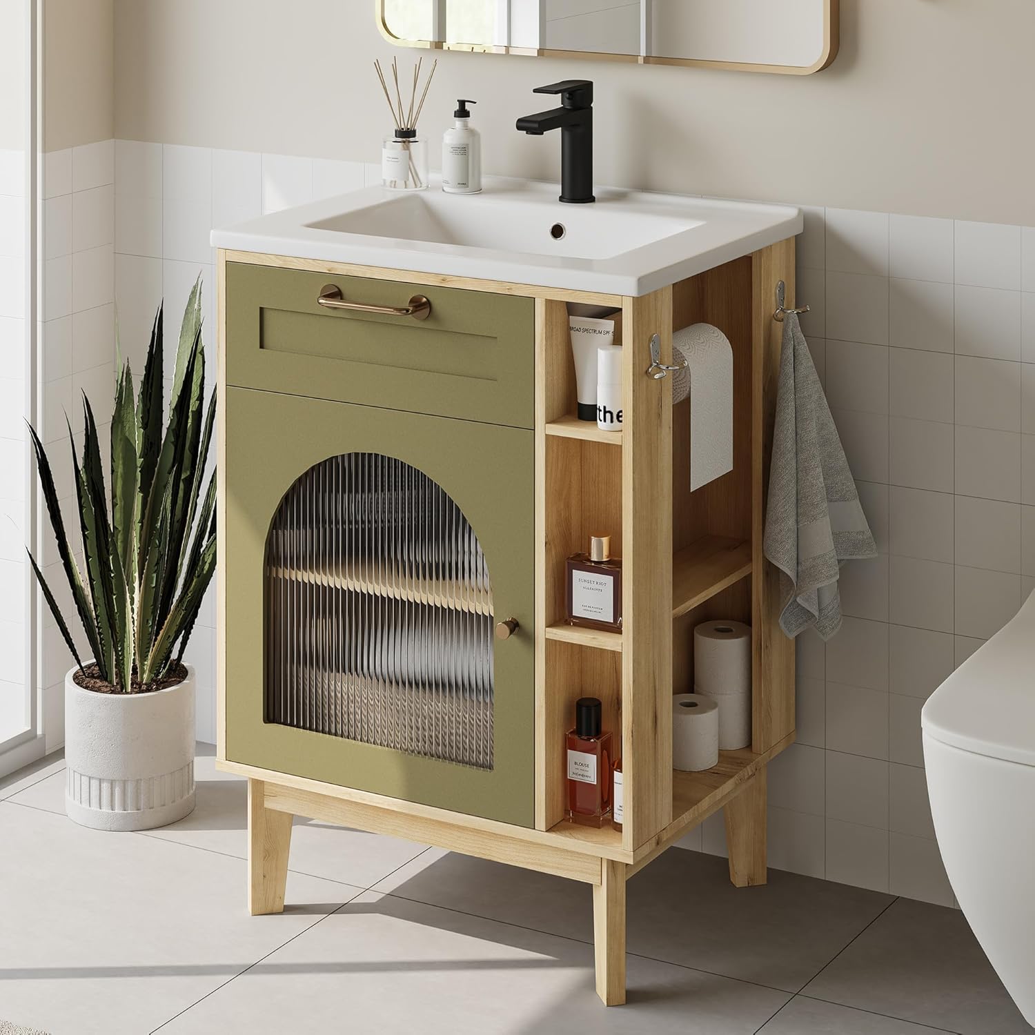 LIKIMIO 24 Inch Bathroom Vanity with Sink, Compact Bathroom Cabinet with Integrated Ceramic Sink, Arched Glass Door Storage with Adjustable Shelf, Towel Bar & Toilet Paper Holder for Small Bath