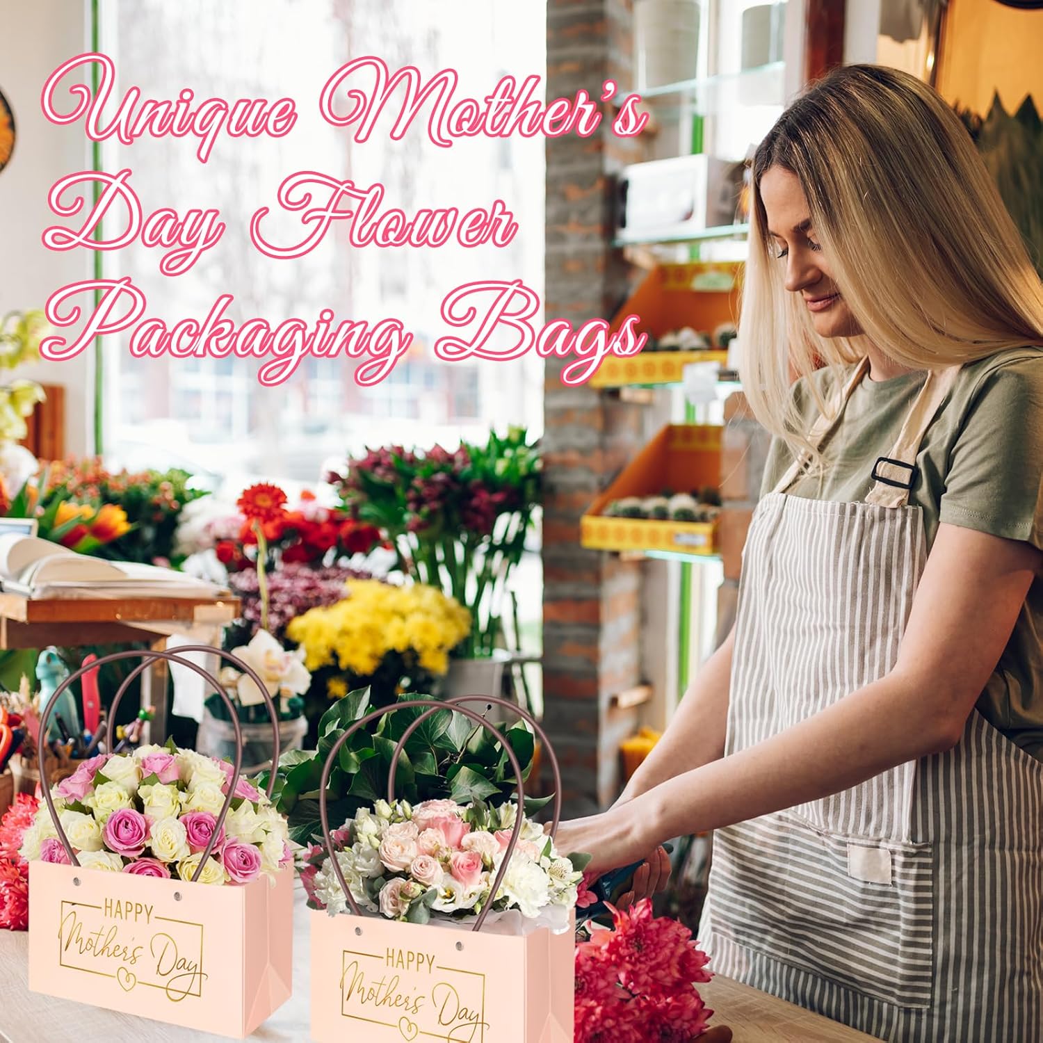 Demonwer 30 Pcs Pink Flower Gift Bags Kraft Paper Flower Gift Box Rectangle Flower Box Waterproof Bouquet Box with Handles Florist Supplies for Mothers Day Wedding Anniversary Birthday Graduation