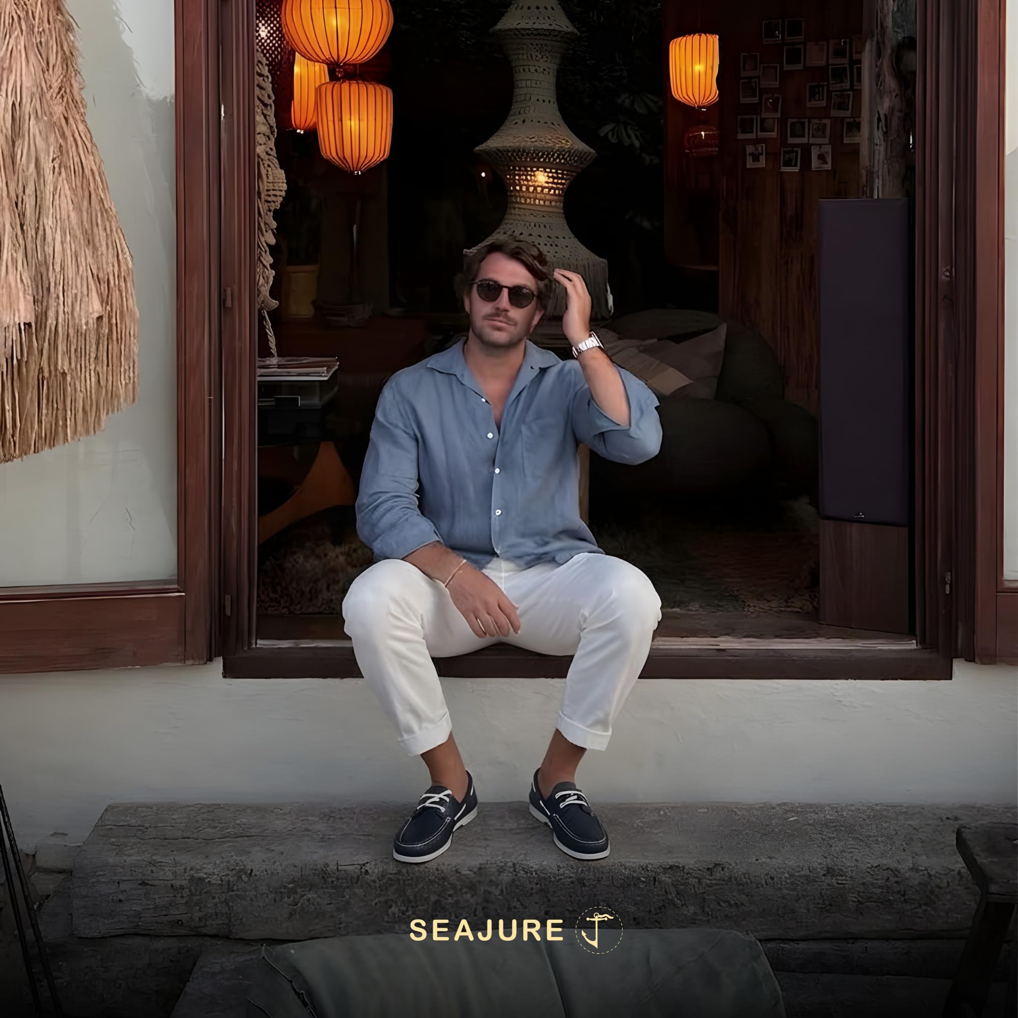 Seajure Watamu Bootsschuhe Herren Leder, Handgefertigte Segelschuhe und Mokassins, Non-Marking Gummisohle, Bequeme Maritime Sommer Slipper, Freizeitschuhe und Echtleder Deckschuhe Marineblau
