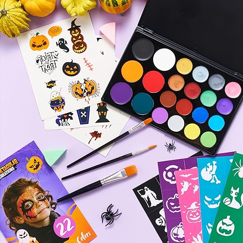Miniatura 9 de Spooktacular Creations Kit de maquillaje de pintura facial de Halloween, 22 colores, pintura no tóxica con plantillas y pinceles, esponjas, polvos