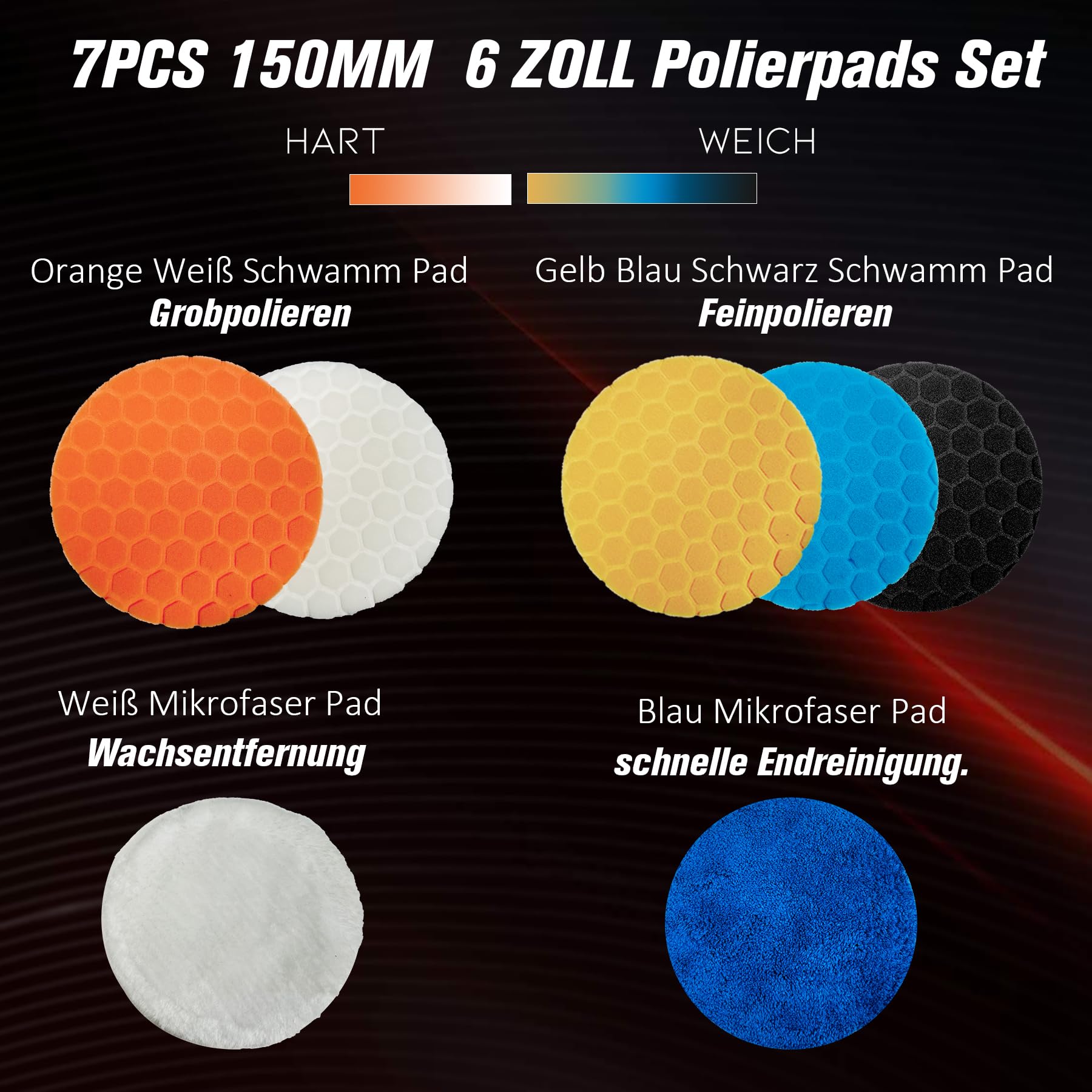 7tlg 150mm Polierpad Klett Set, Konvixon Waben Polieren Schwämme, Auto Polierpads, Wachs Polierschwamm Waschbar, Polishing Pad,vielseitiges Polierschaum Set für Exzenter Poliermaschine Schleifmaschine