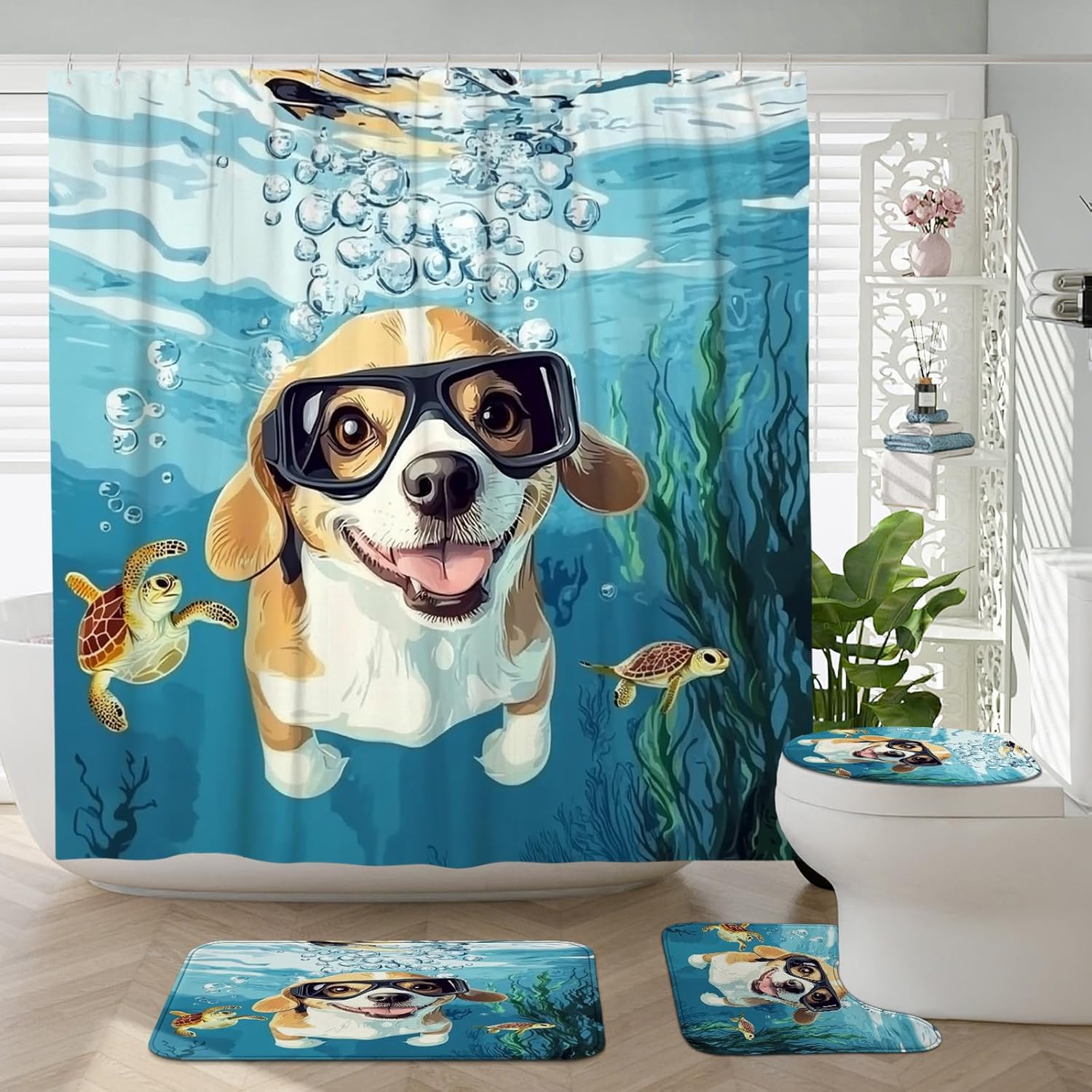 4PCS Spring Beagle Dog Bathroom Accessory Sets with Non-Slip Rug, U Shape and Toilet Lid Cover Mat, Fun Puppy Kids Ocean Cartoon Bathroom Decorative-72''x72''