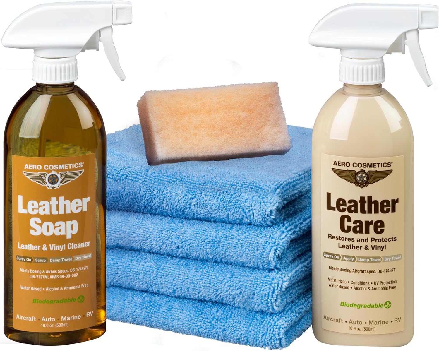 Aero Cosmetics Leather Care Kit with Leather Cleaner & Leather Conditioner Aircraft Quality for Your RV Car Boat and Furniture Meet Boeing Aircraft Cleaning Specs.