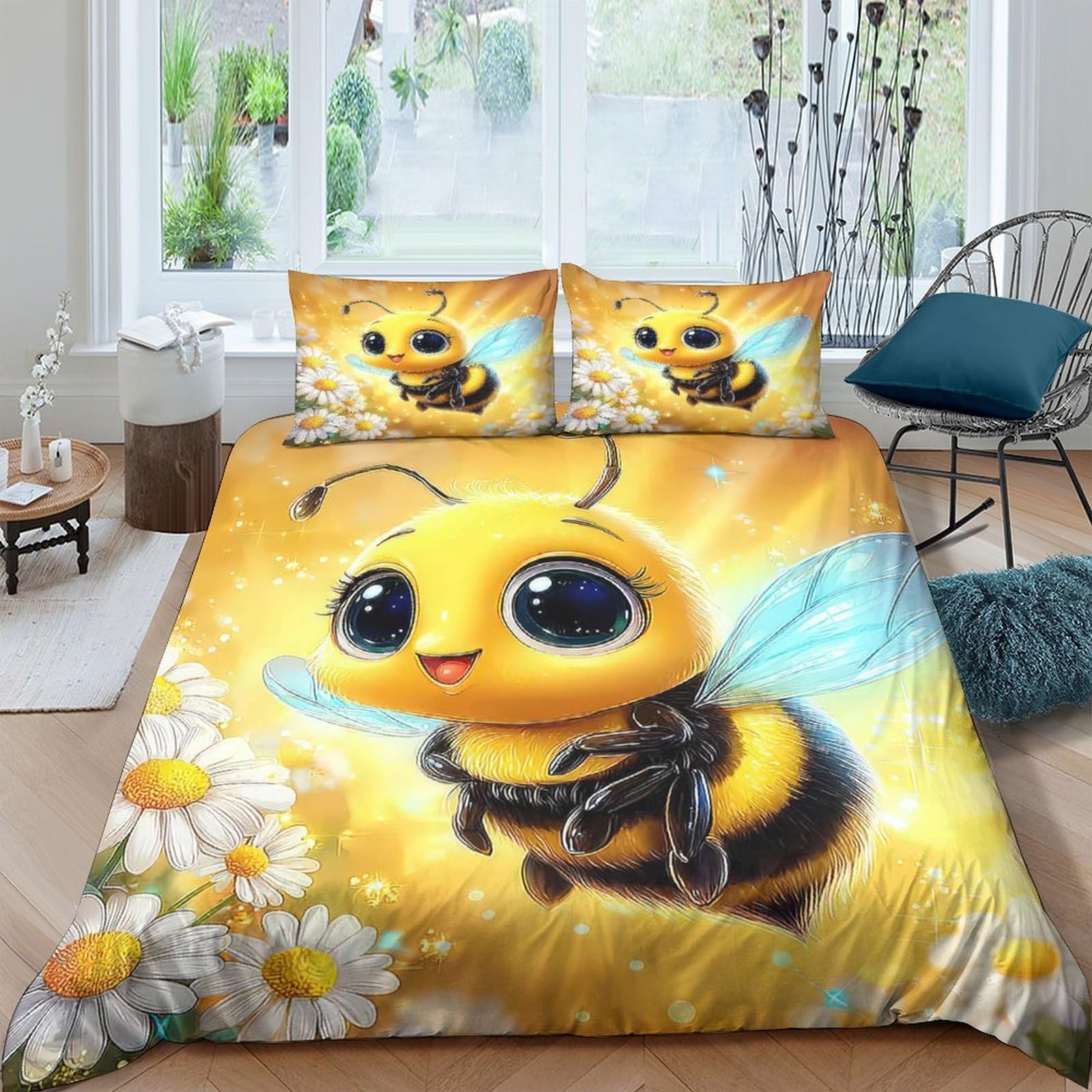 Ctjqhvkz Style-5 3D Printed Cute Bee Fitted Sheet Microfiber Yellow Daisy Mattress Cover For Bedroom Guest Room Decor Protection Single（135X200cm）