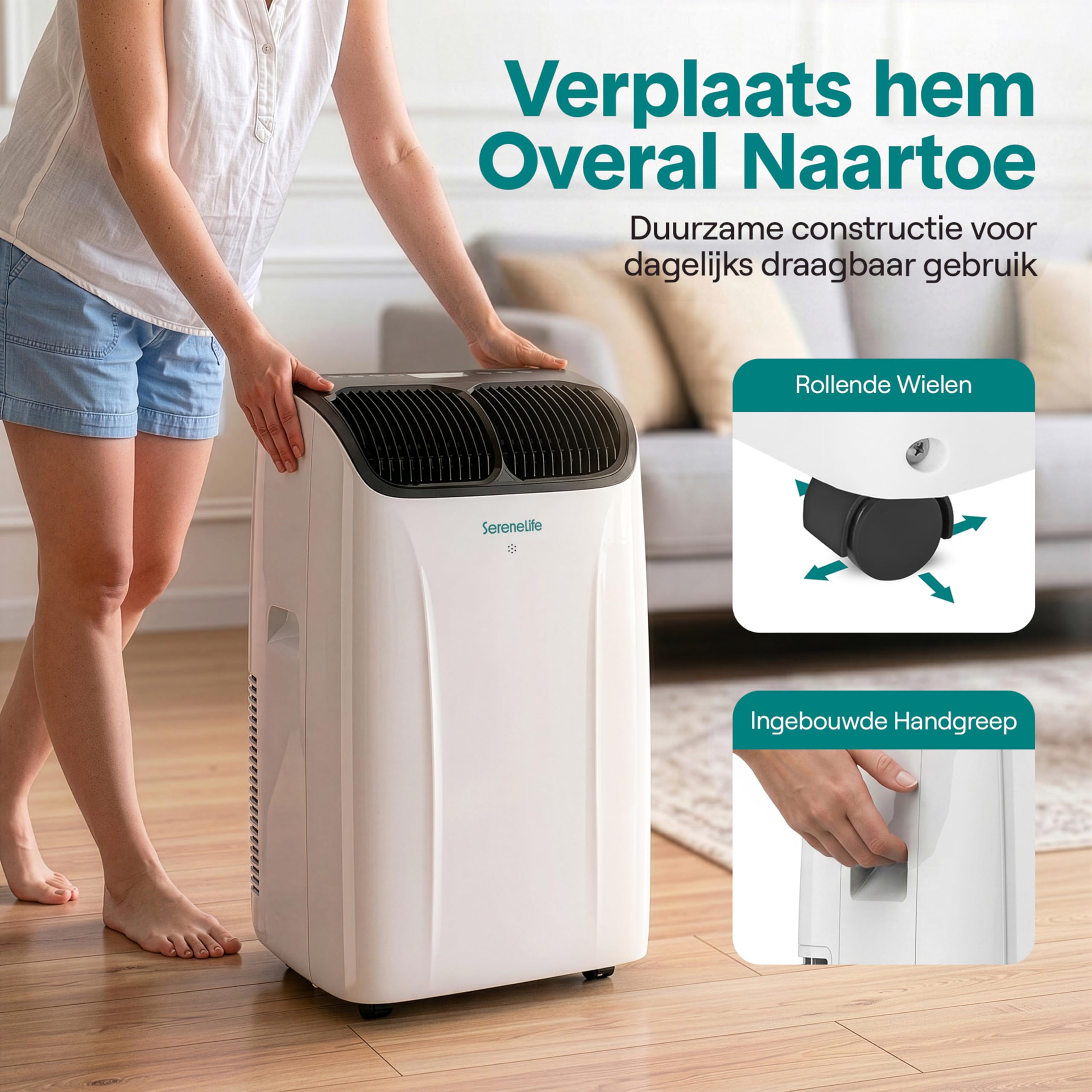 SereneLife Klimaanlage Mobil 12.000 BTU mit Heizfunktion – Kleine Klimaanlage für Zimmer bis 32 m² | Kühlen, Heizen, Entfeuchter & Ventilator | 48 dB | Grau