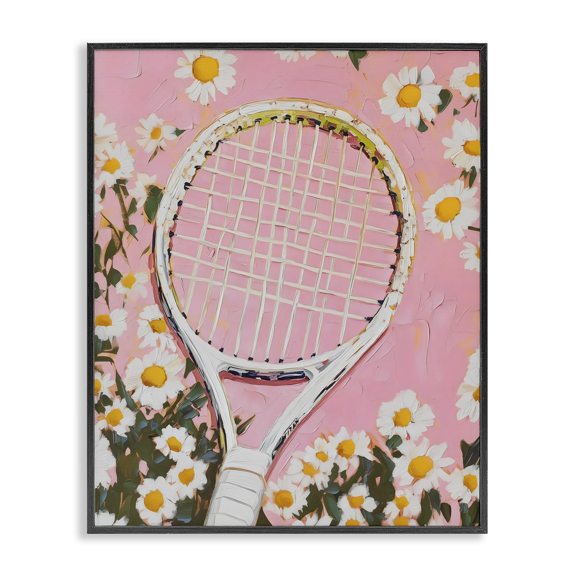 Stupell Industries Midnight Black (Textured) 'Pink Tennis Racket & Daisies'| Framed Giclee Art