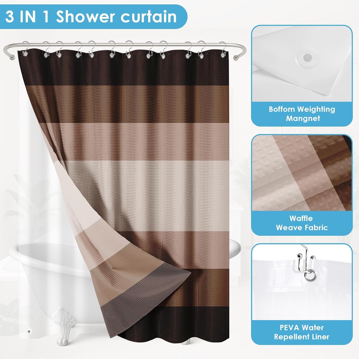Shower Curtain and Liner, Brown Striped 3 in 1 Shower Curtain and PEVA Liner Set with 12 Rust-Resistant Metal Hooks, Waterproof Fabric Shower Curtains for Bathroom, 72 W x 72 H