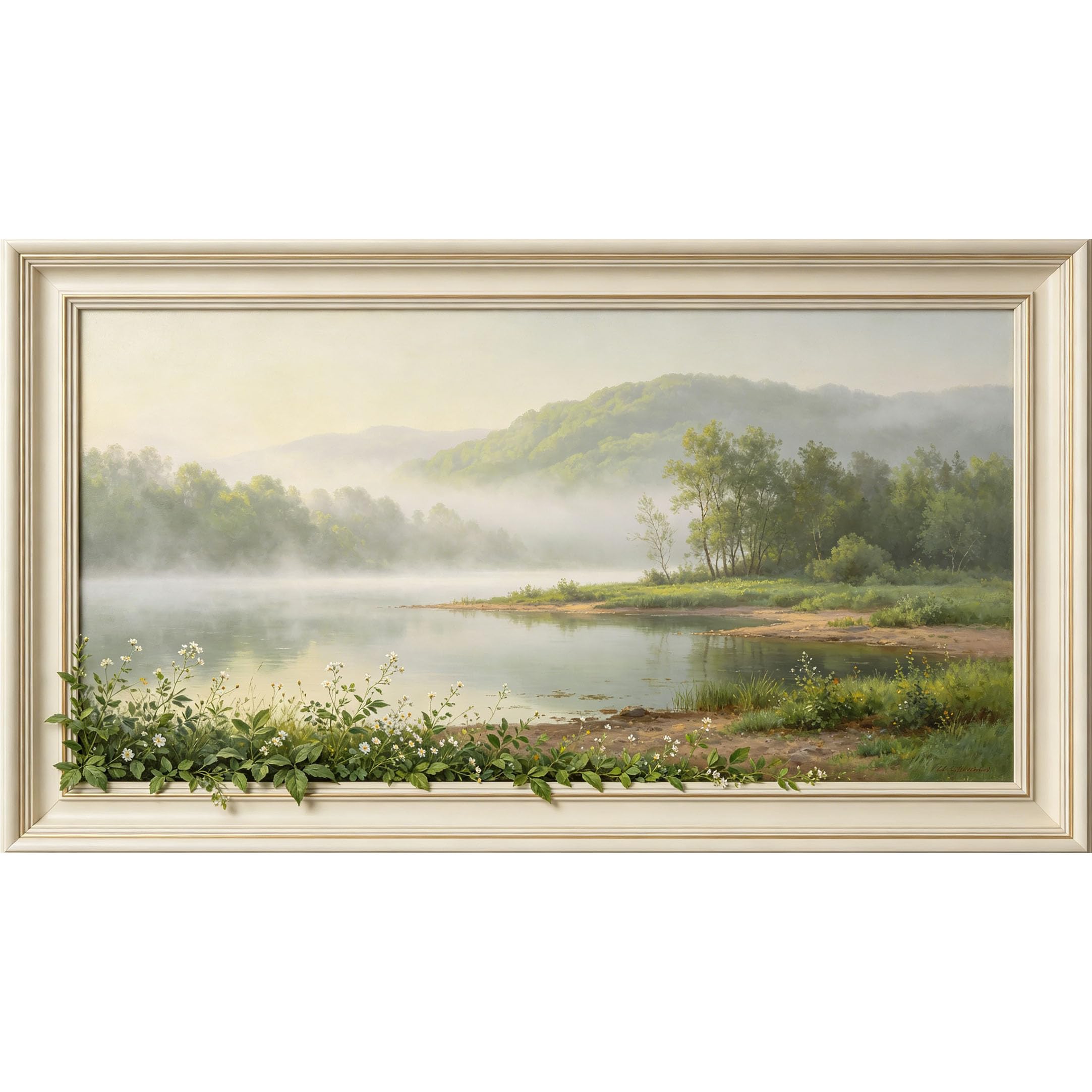 QZLITHOTIC 50x90cm3D Framed Wall Art， Misty Mountain Lake Landscape Self‑Adhesive Mural， Water‑Activated Peel & Stick Fabric Decor Wall Decal for Bedroom Living Room