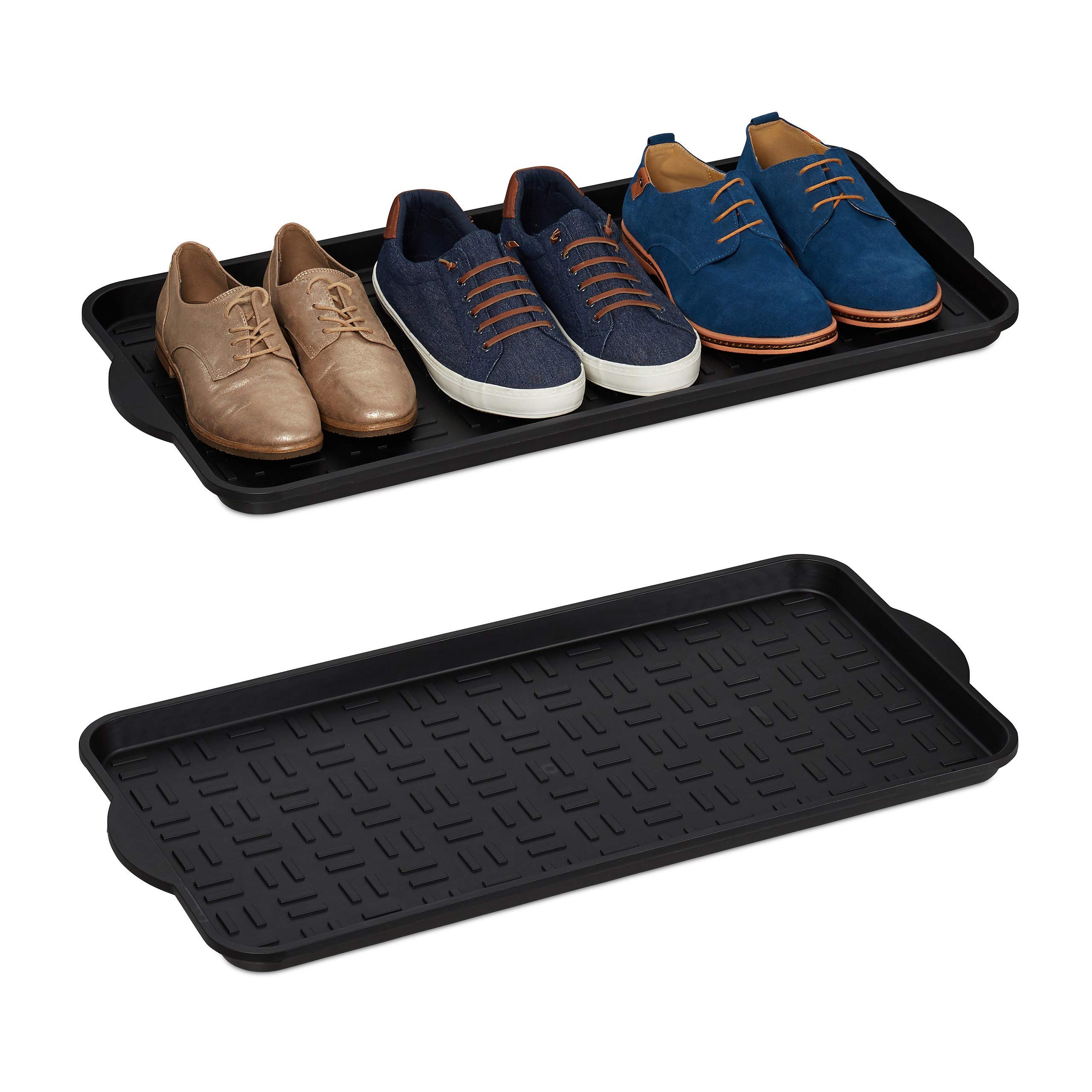 RelaxdaysShoe Set Of 2, Boot Trays With Raised Rim, For 6-8 Pairs, Plastic, Black, PP, WxD: 75 x 36.5 cm ,10028091