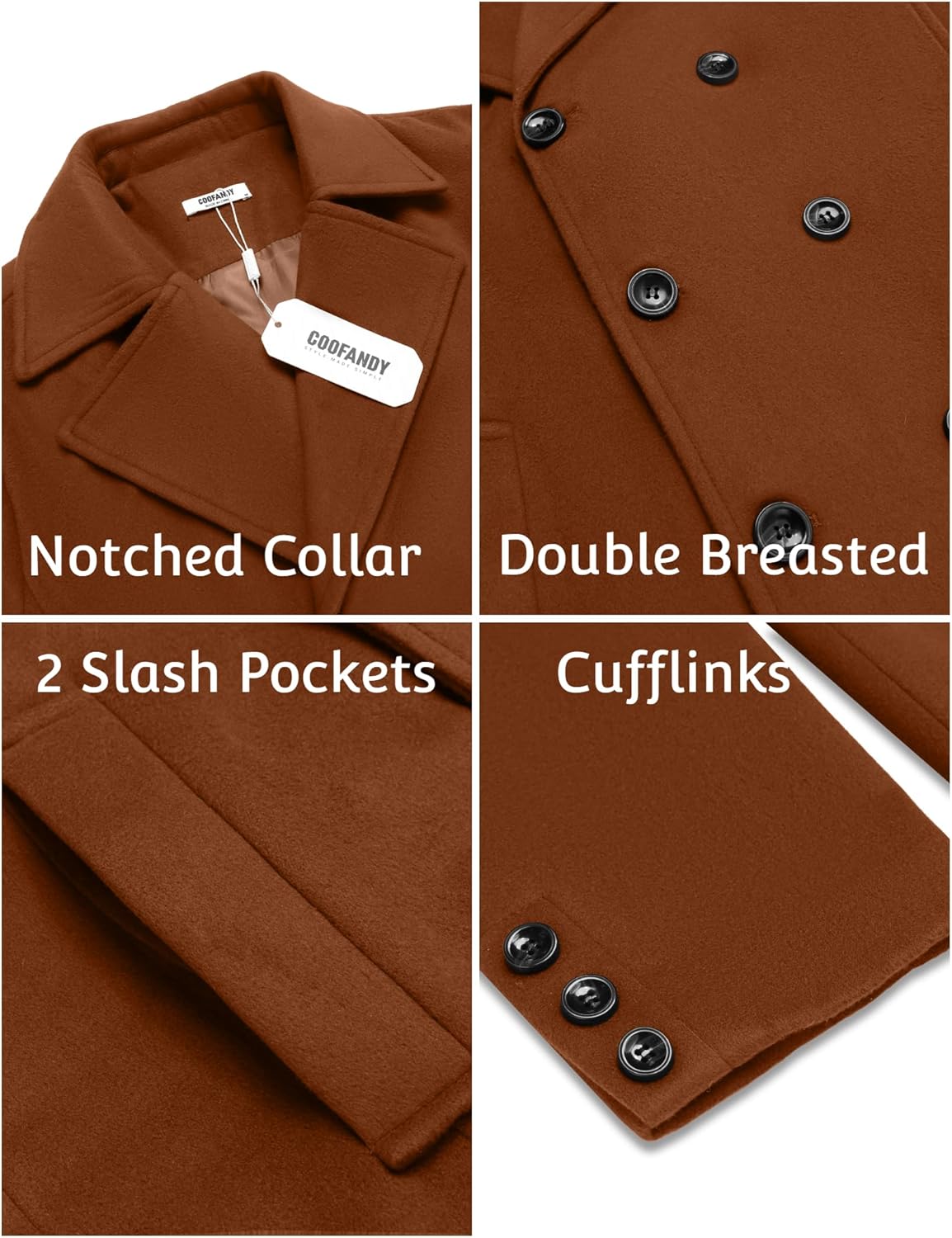 COOFANDY Men's Double Breasted Pea Coat Winter Overcoat Short Trench Coat Notched Collar - Image 6