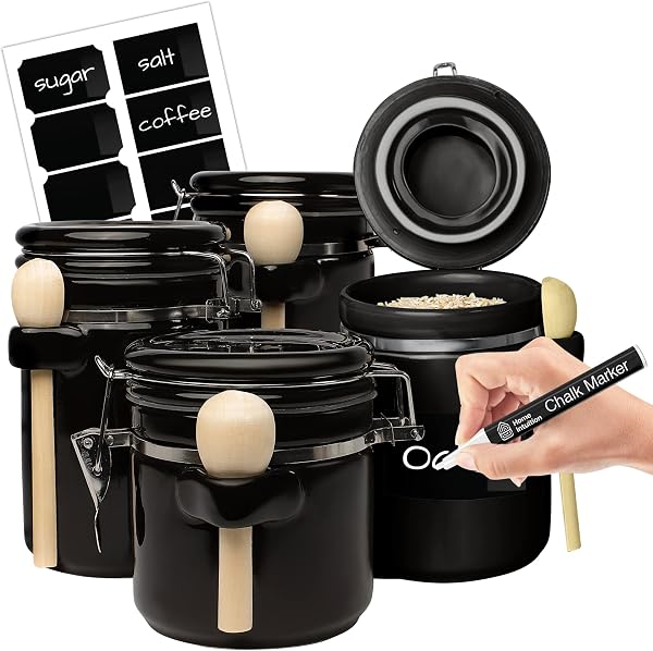 Home Intuition 4-Piece Ceramic Kitchen Canisters Set Airtight Containers with Wooden Spoons For Sugar, Coffee, Flour, Te