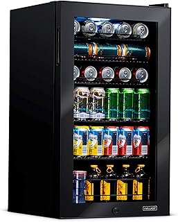 NewAir 126 Can Beverage Refrigerator | Freestanding Small Mini Fridge for Bedroom with Glass Door | Drink Cooler with Adjustable Shelves, Quiet Cooling & Locking Door | Black