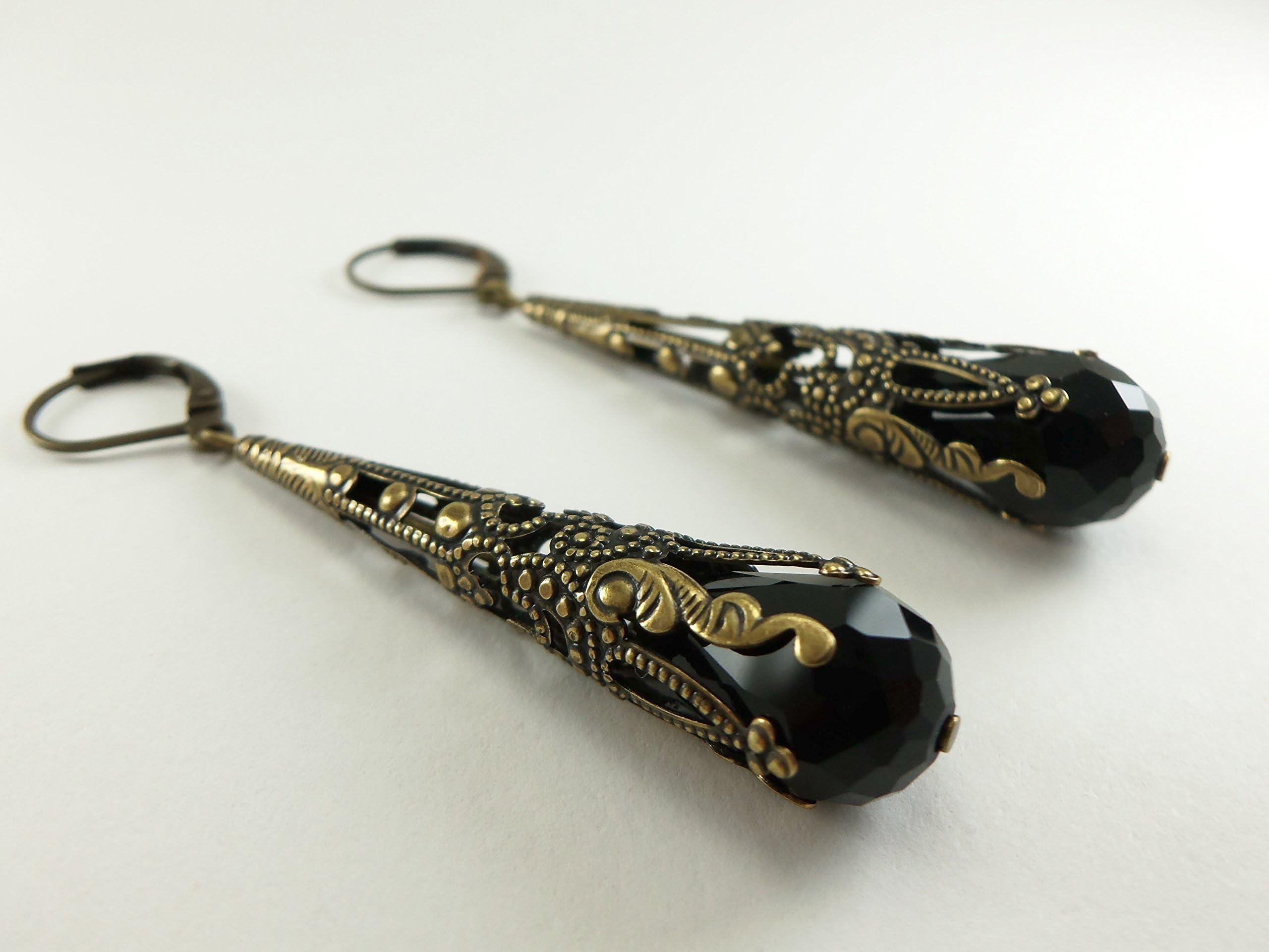 Jet Black Dangle Earrings Antiqued Brass Victorian Jewelry Steampunk
