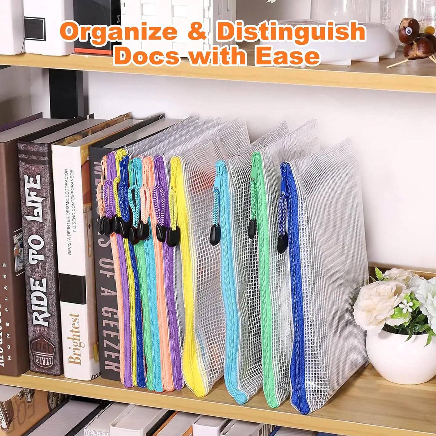 12PCS Mesh Zipper Pouch Bags: A4 Clear Zipper Pouches for Classroom,6 Color image 4