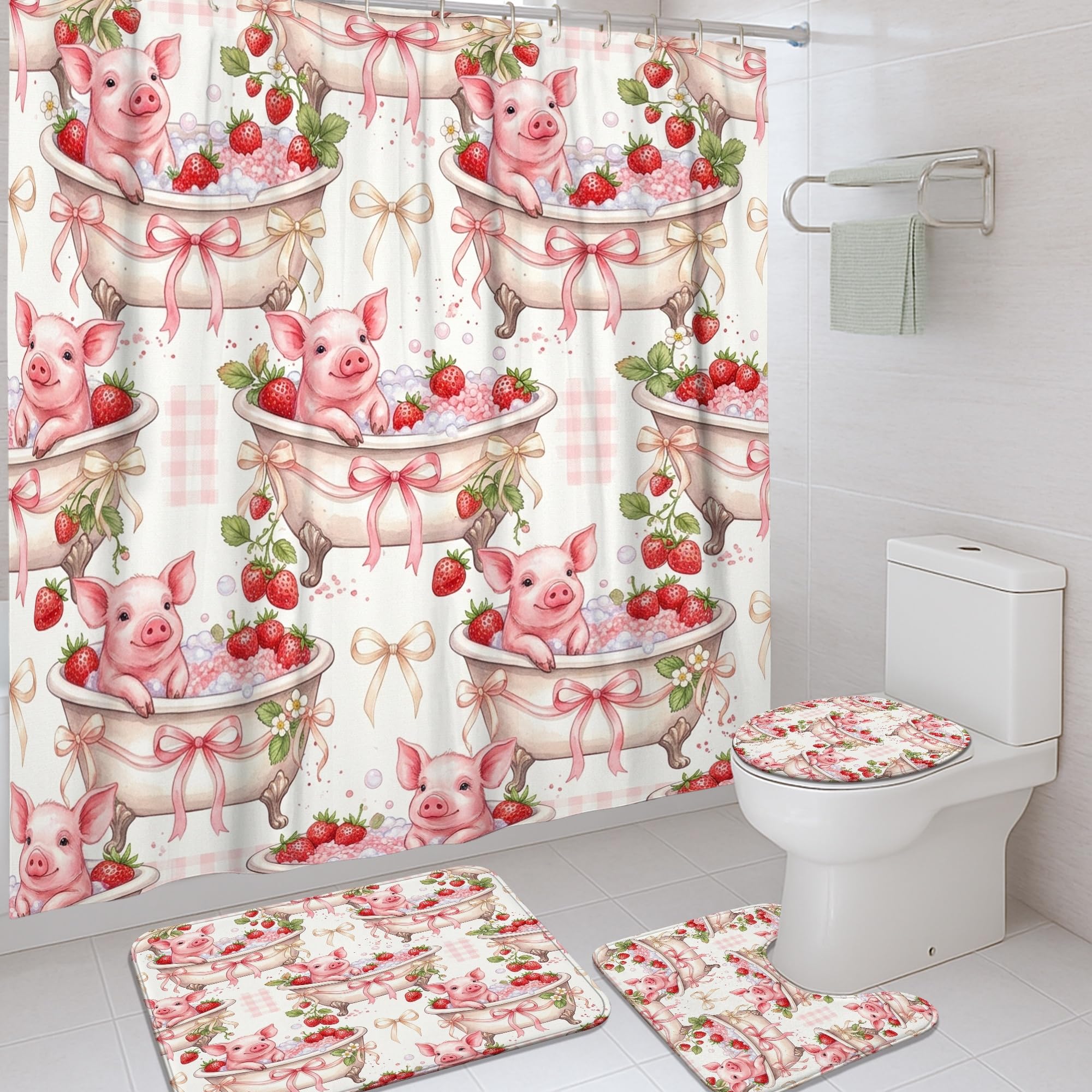Rideau de douche fraise 183x183 cm lavable avec crochets pour salle de bain