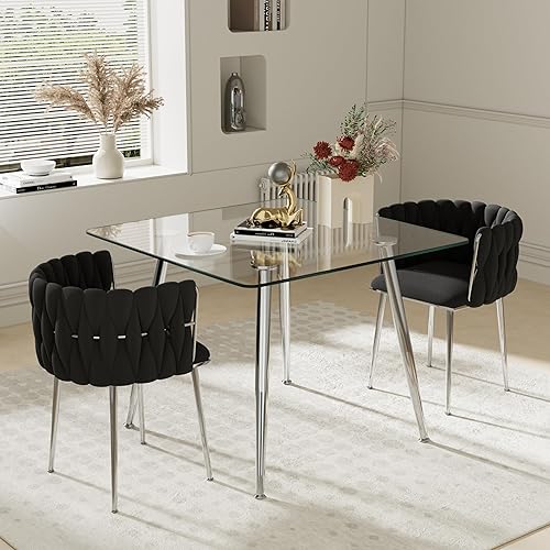 Juego de comedor moderno de vidrio de 3 piezas, 36 pulgadas, juego de comedor minimalista de lujo para 2, mesa de cocina cuadrada de vidrio
