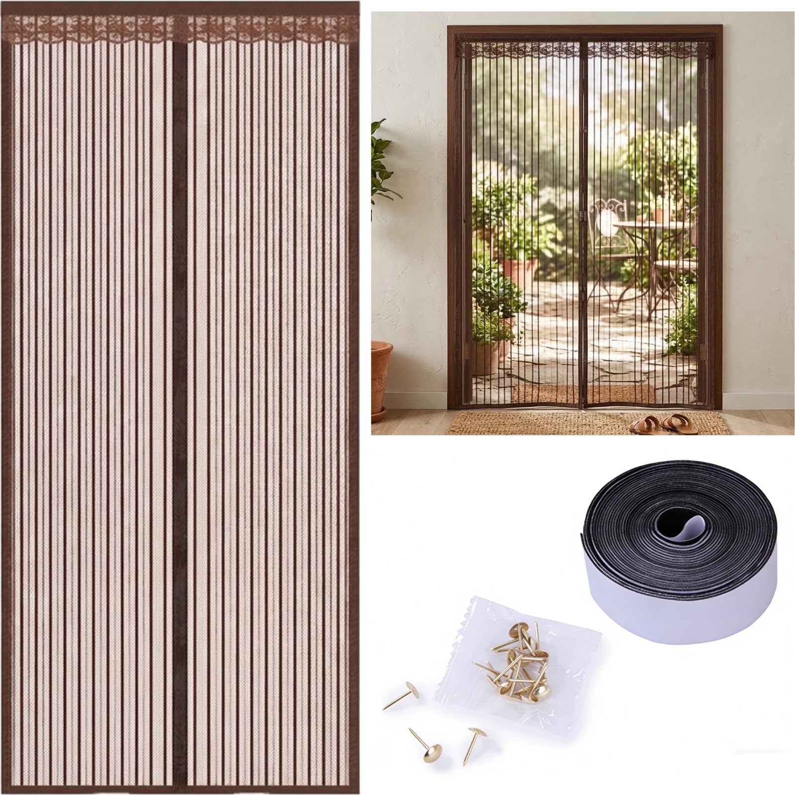 Magnetic Fly Screen Door - Heavy Duty Fiberglass Mesh Curtain with Powerful Magnets & Full Frame Hook and Loop Fastener - Hands-Free Pet & Kid Friendly Mosquito Net(Brown,39x79in(100x200cm))