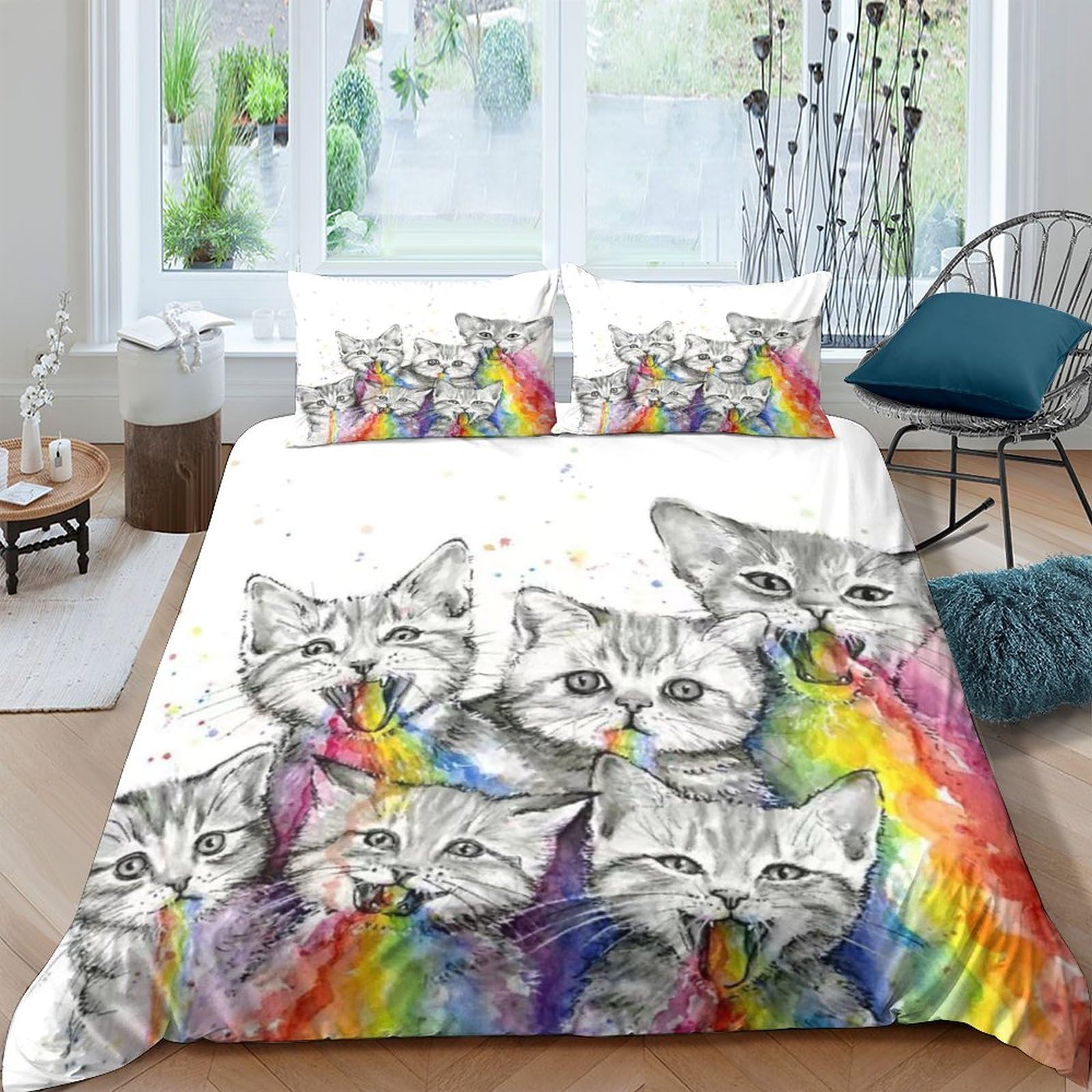 Parure de lit chats 3 pièces en microfibre anti-plis et facile à laver pour lit double