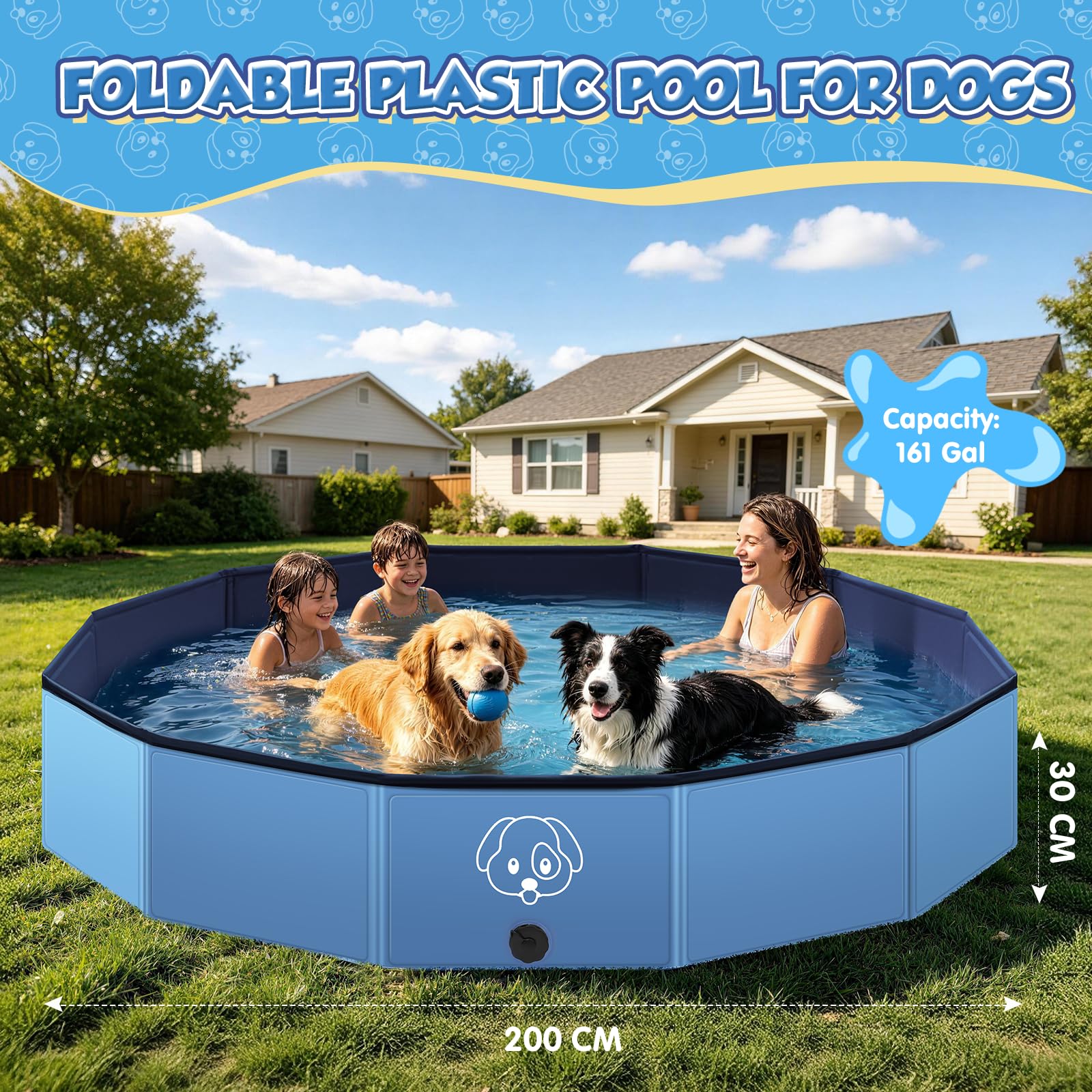 Hundepool große Hunde Anti-Rutsch PVC Faltbare Tragbar Hunde Planschbecken 200x30CM Outdoor Garten