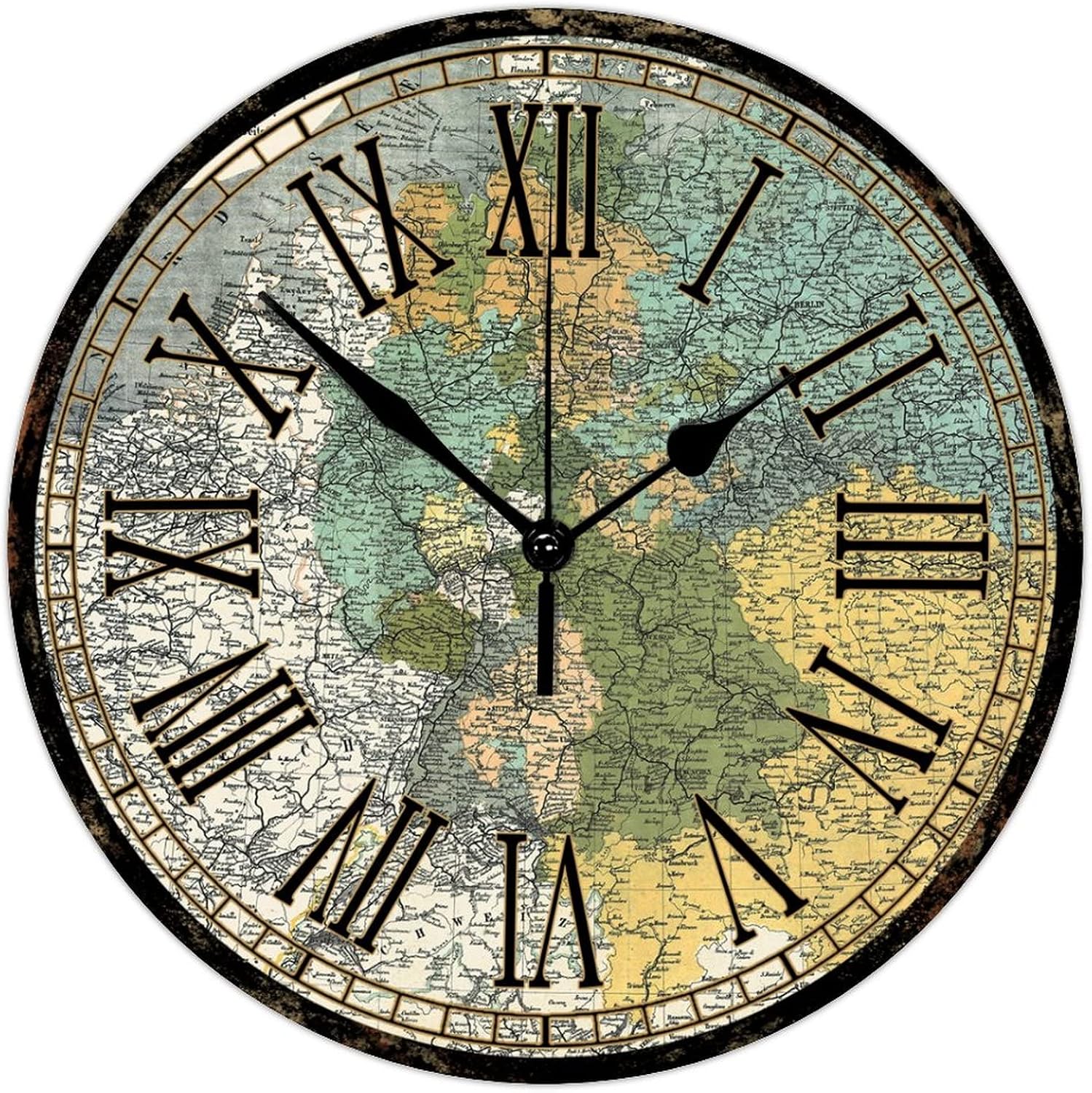 Amazon.com: Round Wood Wall Clock Vintage Style Old World Map Quiet ...