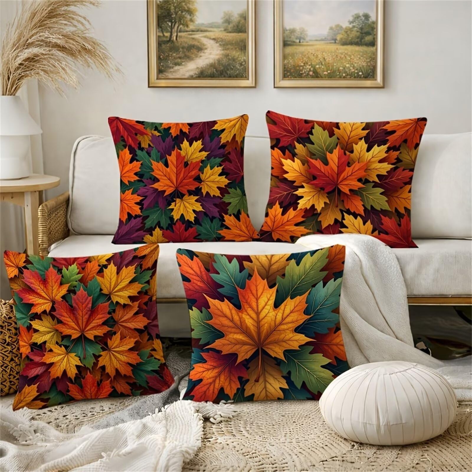 Fundas de Cojines 50x50 cm, Juego de 4 Fundas para Cojines Decorativas de Lino, Hoja Arce, Fundas de Almohada para Sofá, Silla y Decoración de Interiores