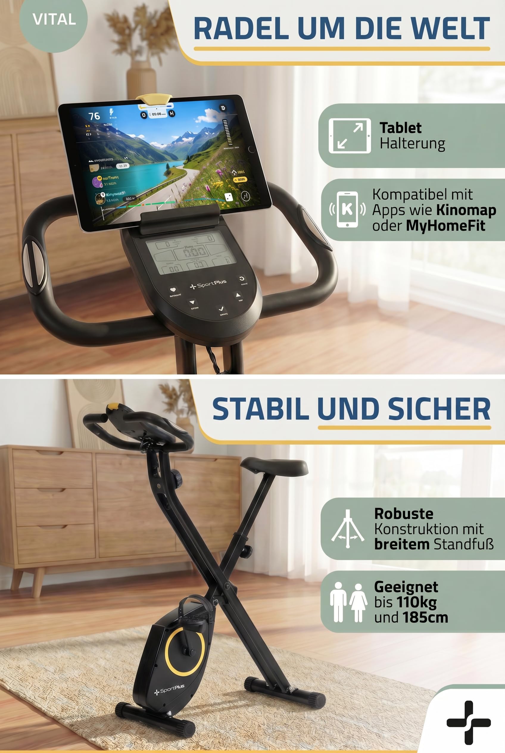 SportPlus Heimtrainer Fahrrad klappbar - Hometrainer Fahrrad klappbar - extra leiser Heimtrainer für zuhause - Indoor Bike Platzsparend & Faltbar Fitnessbike App kompatibel