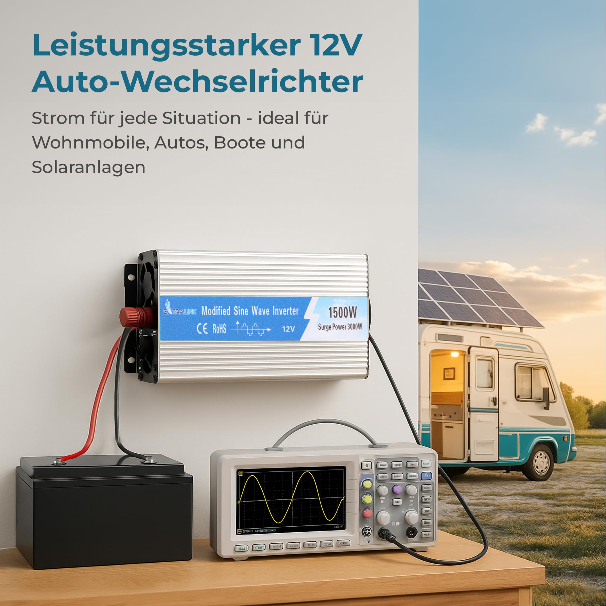EXTRALINK Wechselrichter 12V auf 230V Modifizierter Sinsus 1500W 3000W Spitze – Spannungswandler mit USB, Lüfter & 4-Fach Schutz – für Auto, Wohnmobil, Boot, Camping, empfindliche Geräte, Solar
