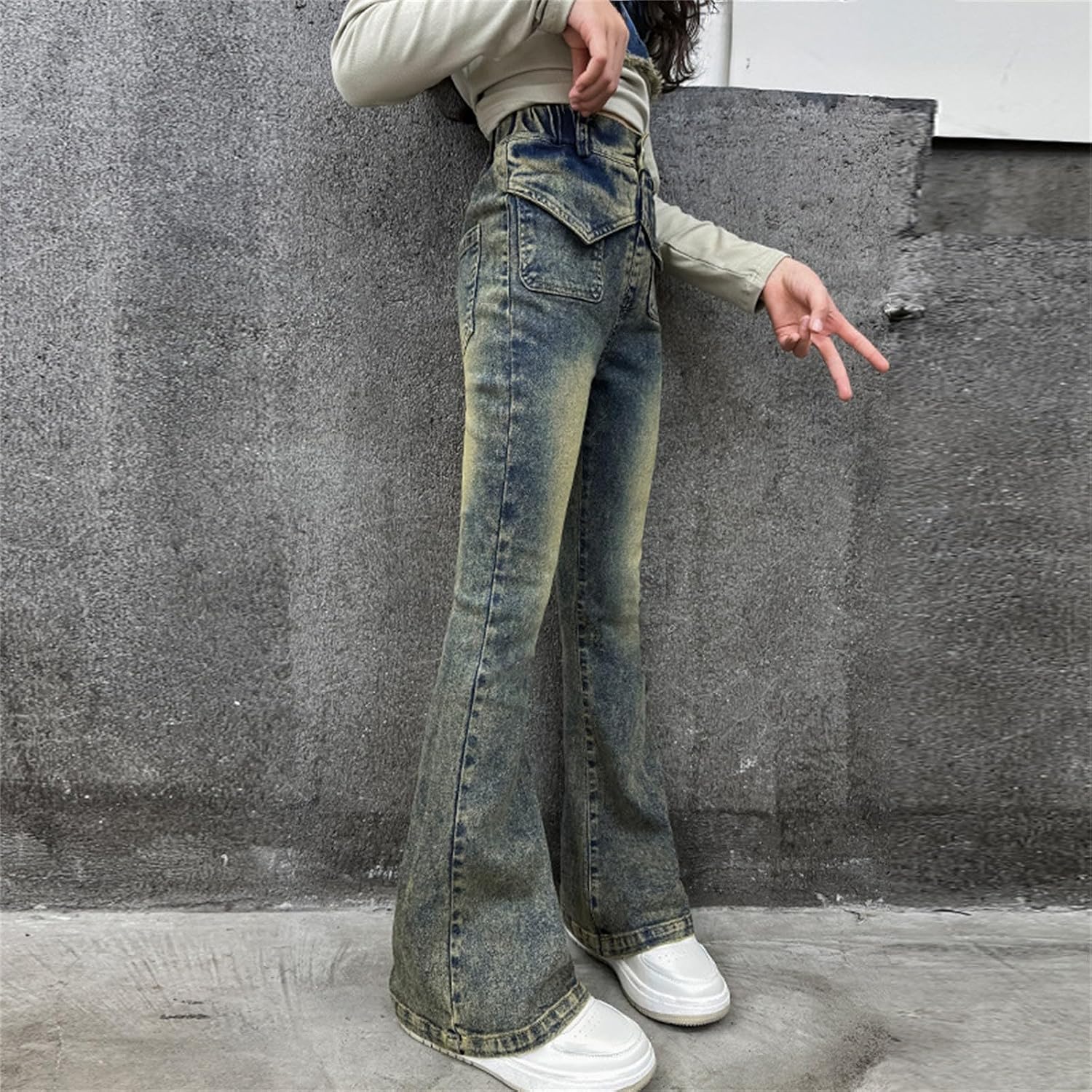 Girls Retro Flare Jeans Distressed High Waisted Bell Bottom Pants Tween Vintage Denim Pants Elastic Waist Bootcut Jeans
