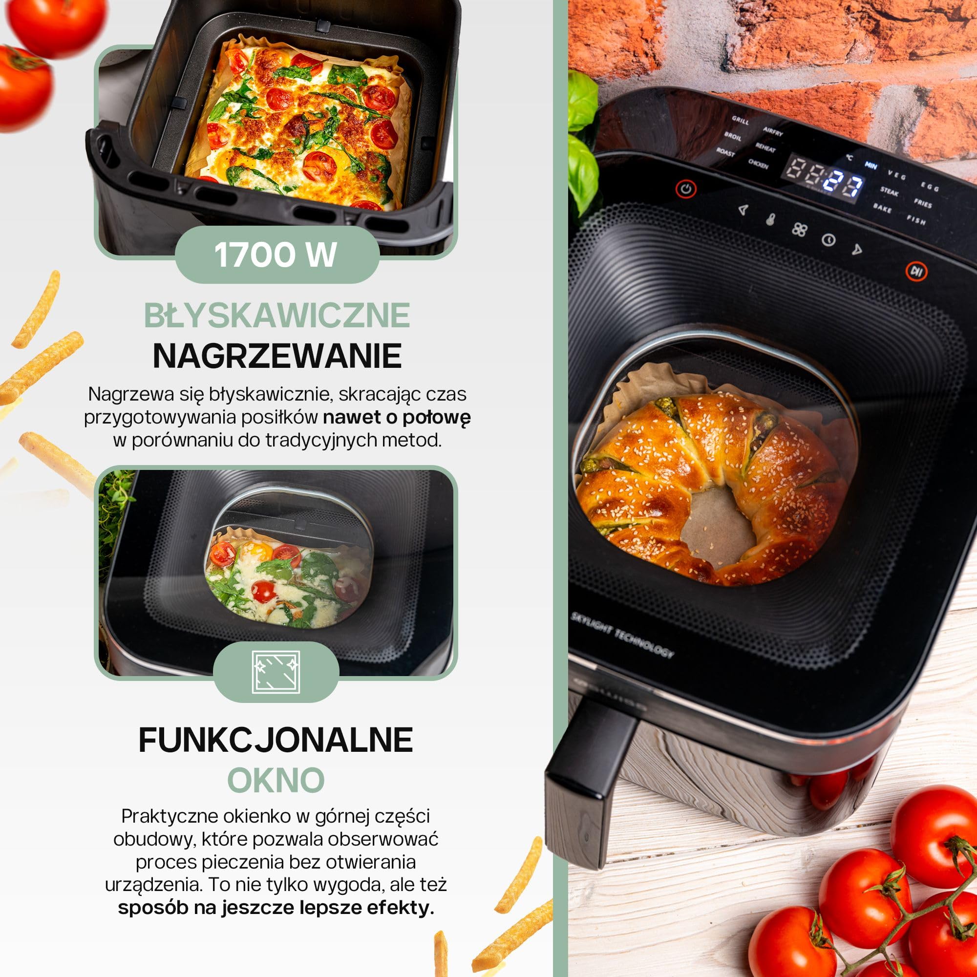 4SWISS Frytkownica Beztłuszczowa 6,5L z Okienkiem, Air Fryer XL 1700W, 12 Programów, Nagrzewanie 180°C w 1,44min, Łatwy w Czyszczeniu, Energooszczędny (ABB-025 Skylight)