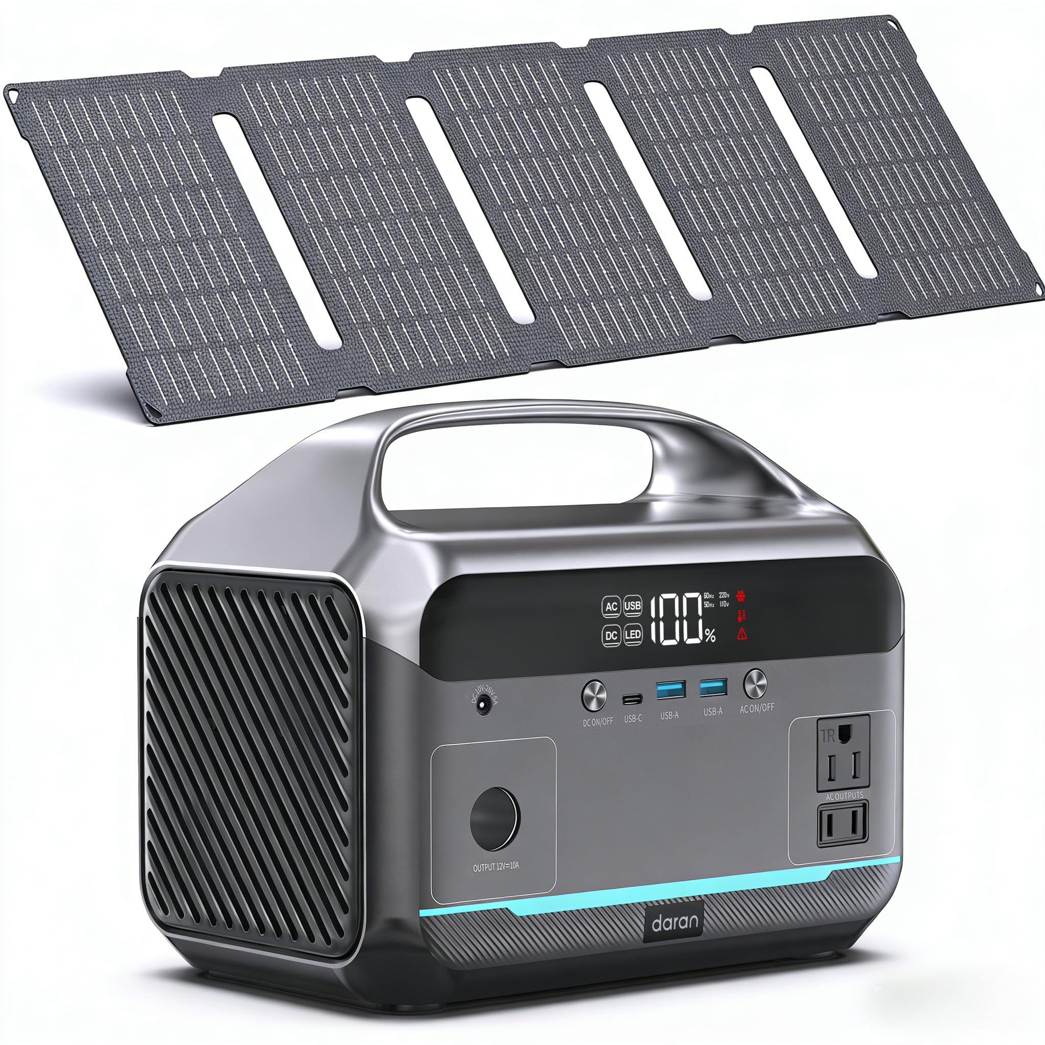 DARAN Portable Power Station with 40W Solar Panel Included, 288Wh (90,000mAh) LiFePO4 Battery, 350W (600W Peak), 7-Port Design, 2.1Hrs Fast Charing Solar Generators for Home, Outdoor Camping