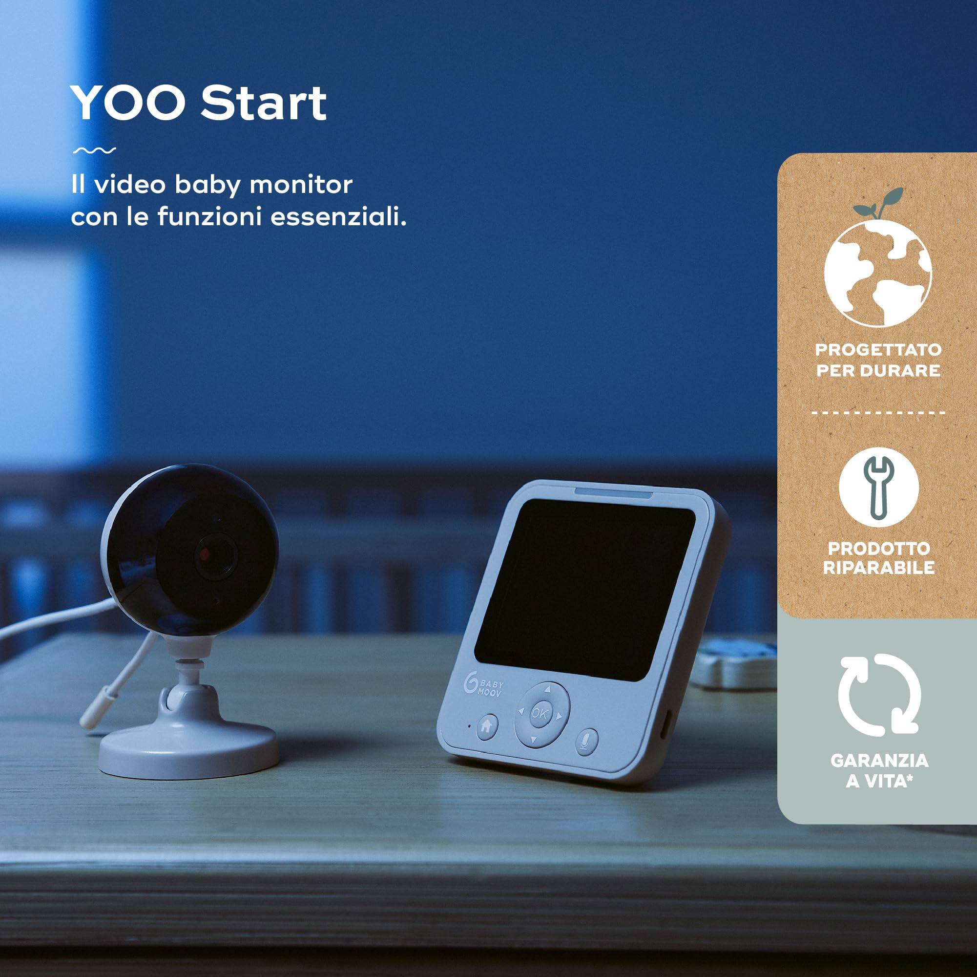 Babymoov Video Baby Monitor YOO Start, Portata 300m, Senza Wi-Fi | Schermo a Batteria - Visione Notturna, Talkie Walkie e VOX - 8 Ninne Nanne e Termometro - Garanzia a Vita