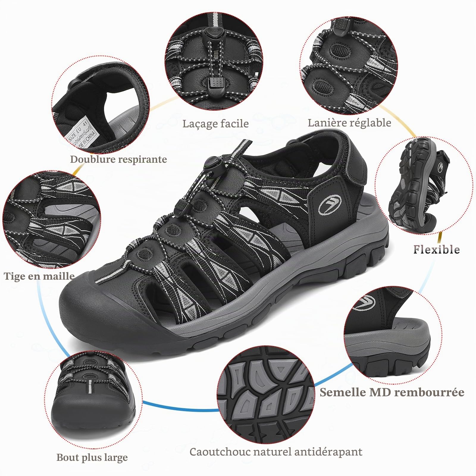 FLARUT Sandales Homme Randonnée Chaussures Marche Fermées(Noir Blanc,43)