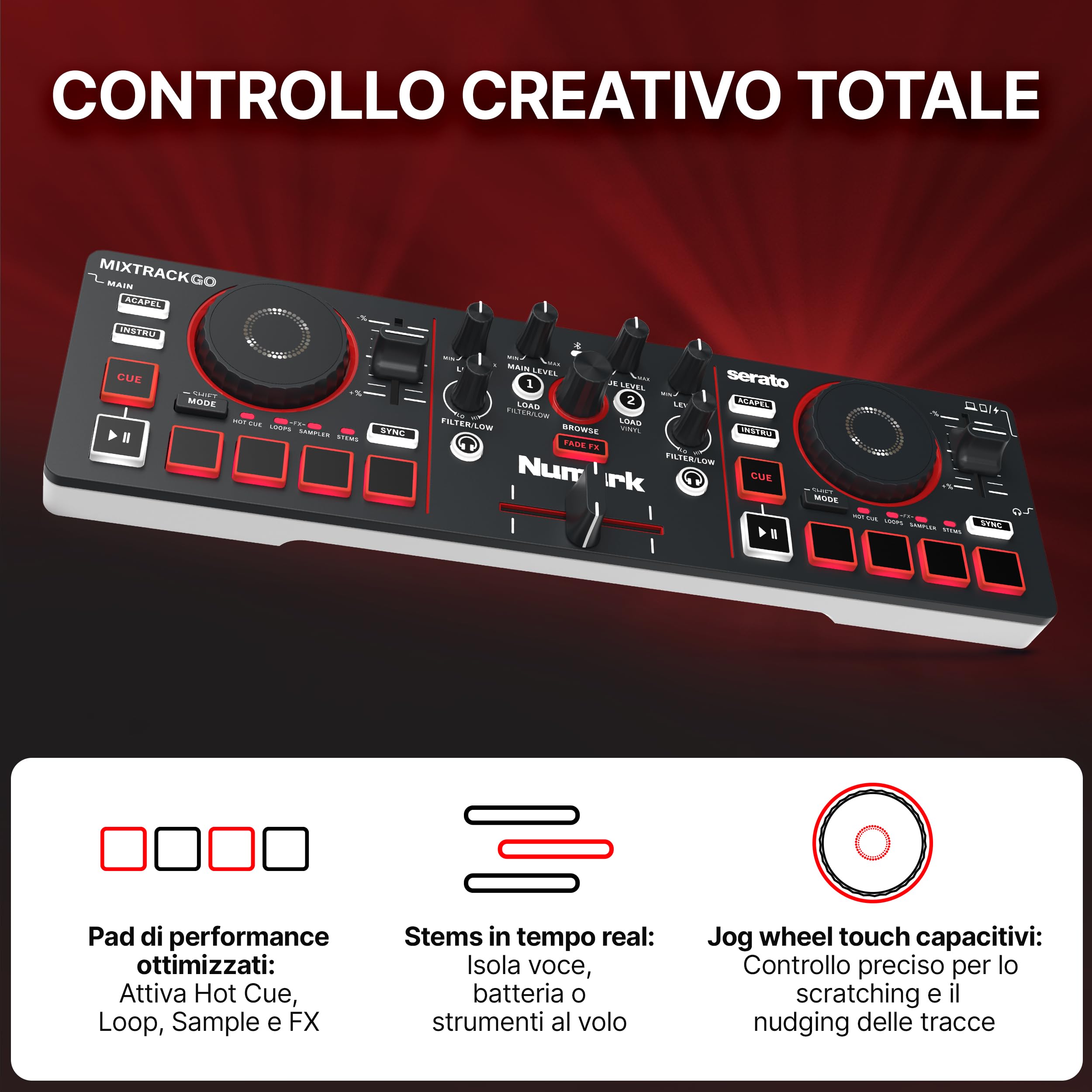Numark Mixtrack Go Controller DJ Bluetooth Compatto con Stems Control | Mixer DJ 2 deck, principianti e DJ mobili, Smart Fader, USB-C, Serato DJ Lite e Algoriddim djay inclusi, Gen 4