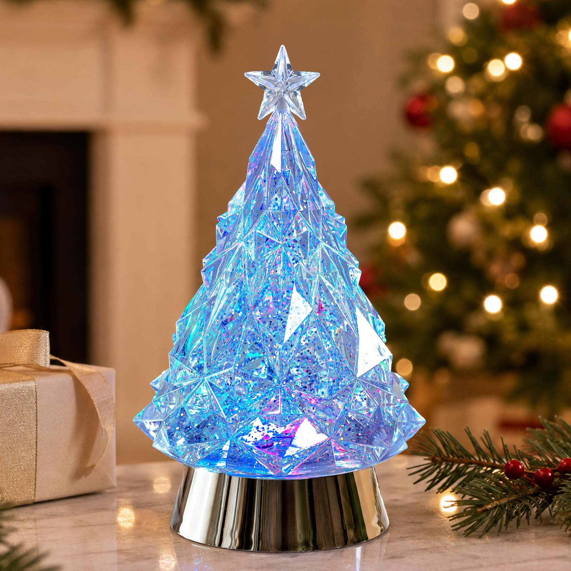 Christmas Tree Snow Globe Lantern with Music &amp; Timer, Lighted Water Glitter Christmas Tree, USB or Battery Powered Musical Snow Globe, Crystal-Look Christmas Decorations Gifts