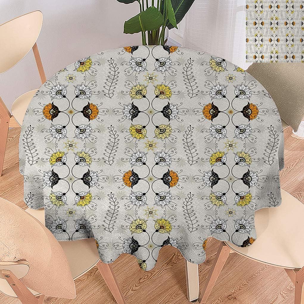 Grey and Yellow Round Tablecloths, Paisley Style Flowers