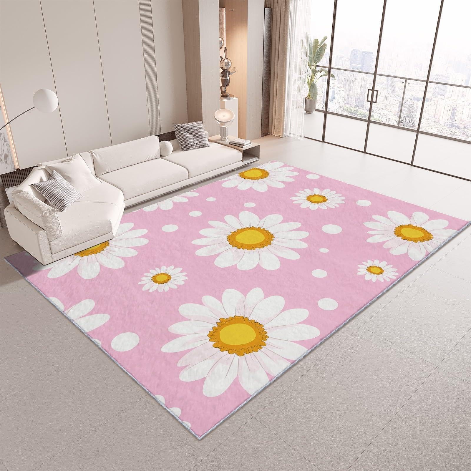 Tapis marguerites roses 120x140 cm lavable et antidérapant