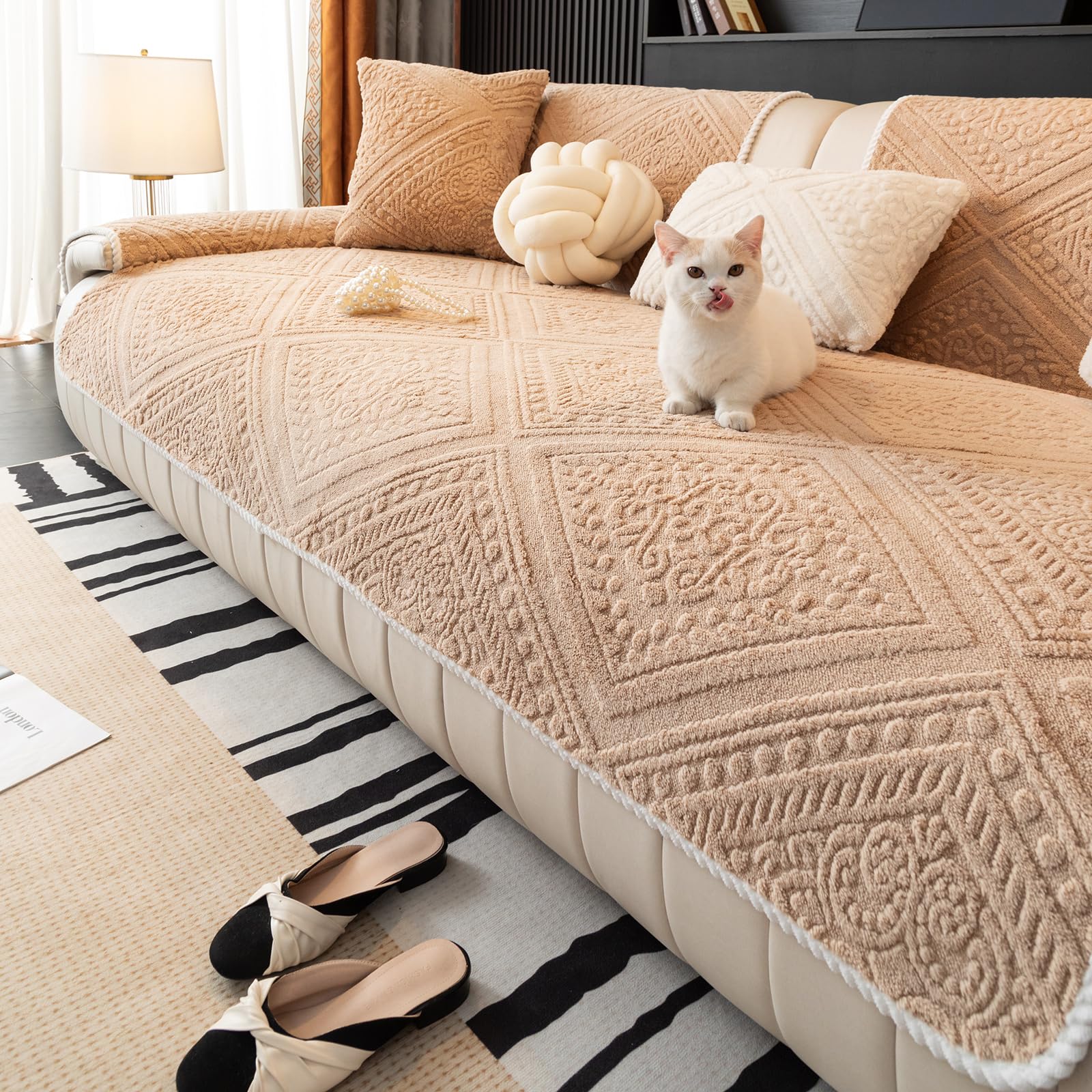 vctops Boho Plush Sofa Couch Covers Geometric Jacquard Fuzzy Couch Cover for Dogs Soft Non Slip Sectional Sofa Slipcover Cozy Washable Furniture