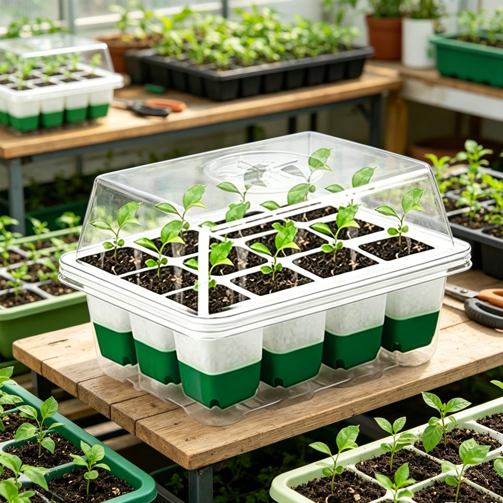 Bandeja de Semillero 12 celdas, domos ventilados con humedad ajustable | Bandejas de jardinería, planta, y crecimiento para jardín, patio, granja, balcón, césped, hogar