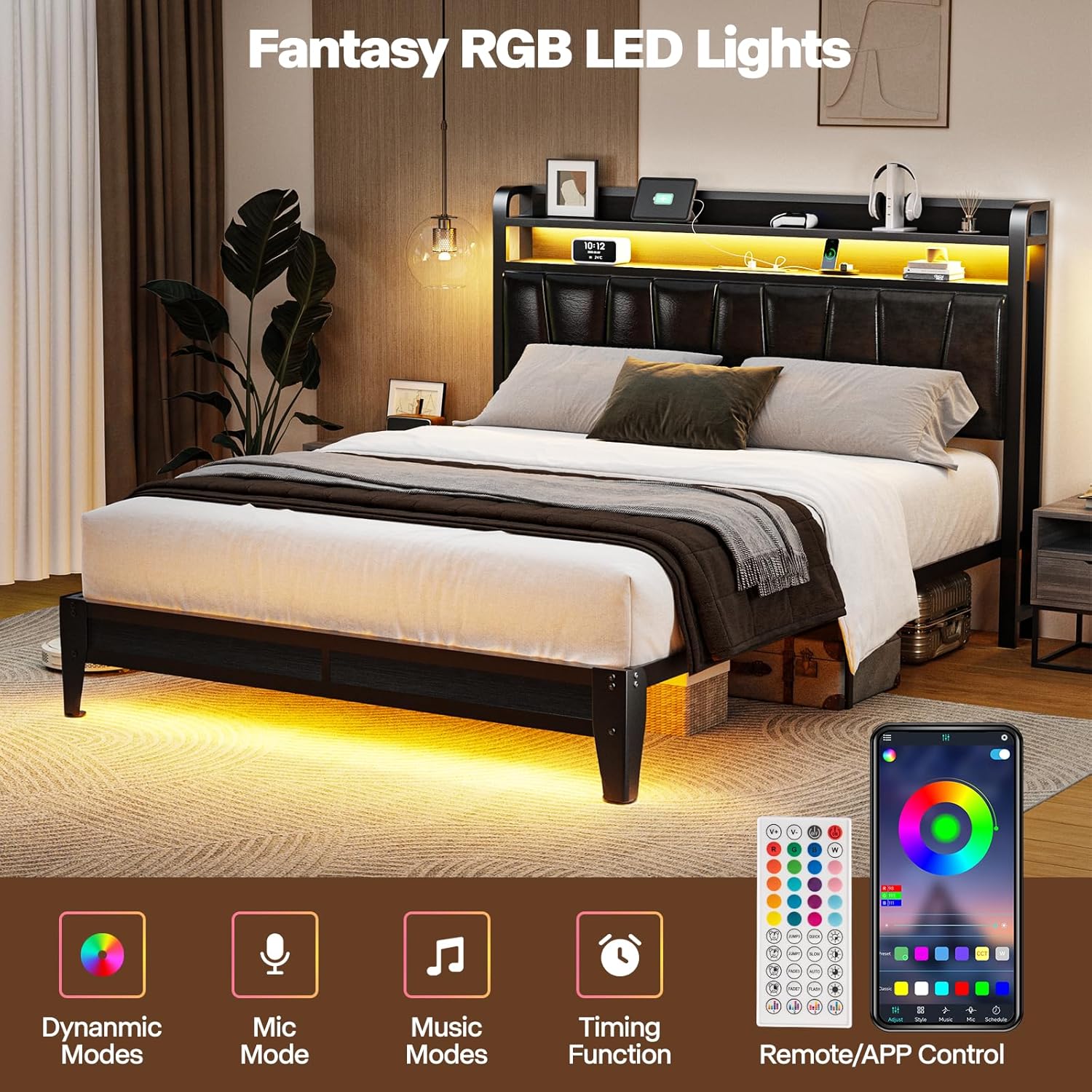 Queen Size Bed Frame with 2-Tier Storage Shelves, LED Bed Frame with PU Leather Headboard, Metal Platform Bed with Charging Station, Noise Free, No Box Spring Needed, Easy Assembly, Black