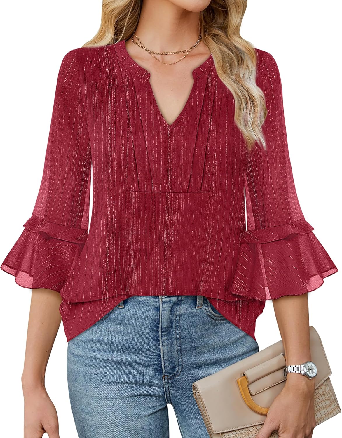 Furnex Womens 3/4 Sleeve Tops Dressy Casual Elegant Blouses V Neck Shirts Floral Double Layered Chiffon Tunic