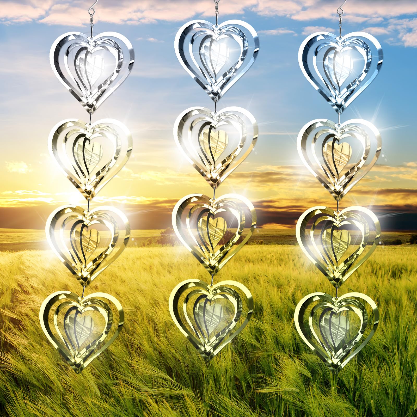 12 Pcs Bird Scare Devices Stainless Steel Wind Spinners Reflective Outdoor Heart Metal Bird Reflectors Bird Scare Discs to Keep Birds Away Porch Garden Yard Patio Sparkly Double Side,Gifts for Dad Mom