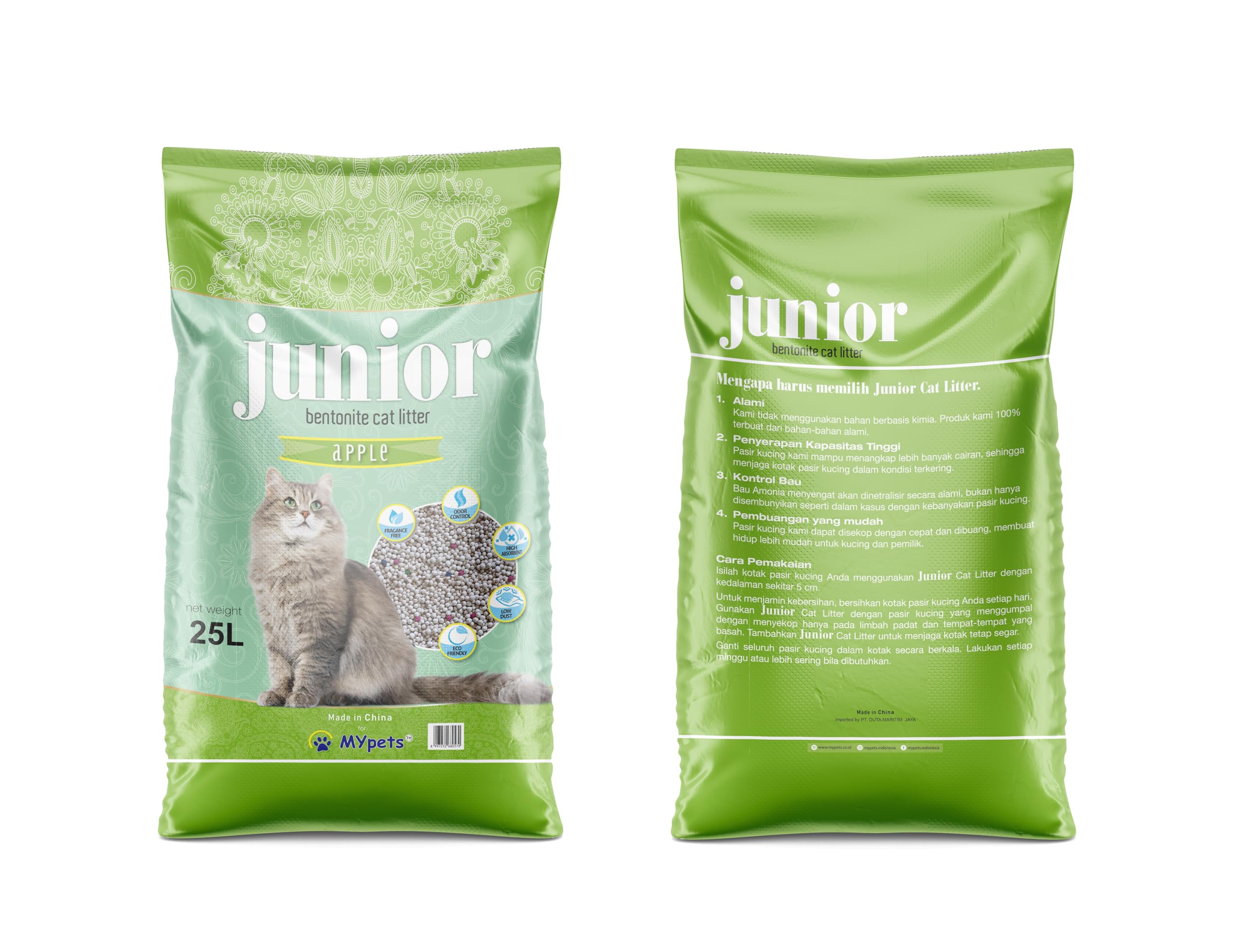 Junior Multi Cat Quick Clumping Clay Litter, 100% Natural Bentonite Sand, Superior Odour Control, 99.5% Dust Free, APPLE - 25L