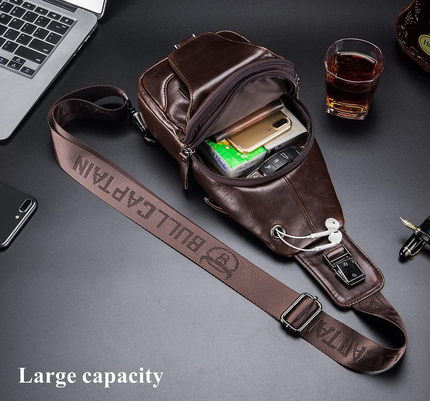 BULLCAPTAIN Genuine Leather Men Sling Backpack Multi Pocket Crossbody Chest Bags Travel Hiking Daypack - Image 6