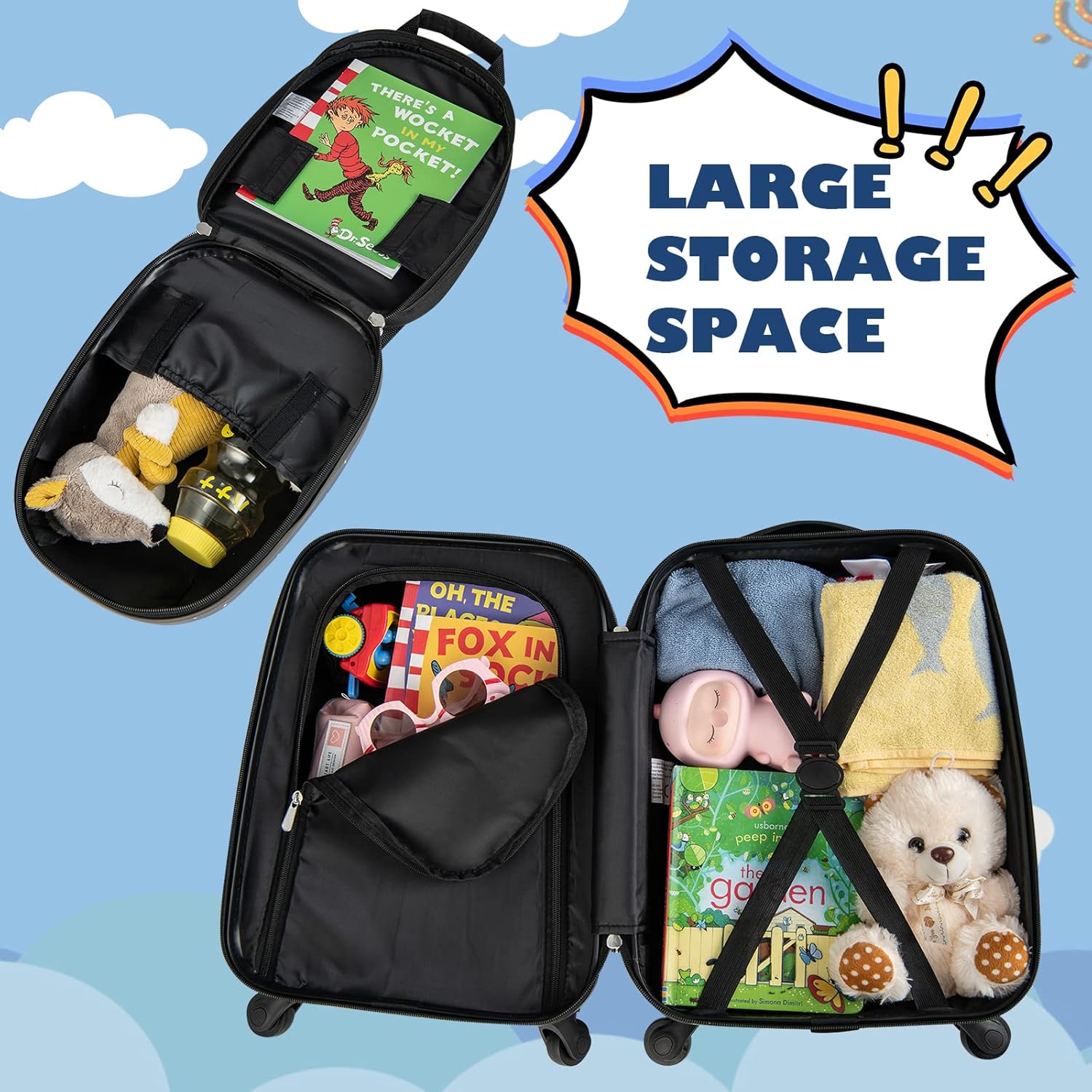 review Olakids Kids Luggage Set, 16’’ Carry on Suitcase and 12’’ Travel Backpack with Rolling Spinner Wheels for Boys Girls, 2 Pcs Trolley Case Gift for Children Toddlers (Space Dinosaur)